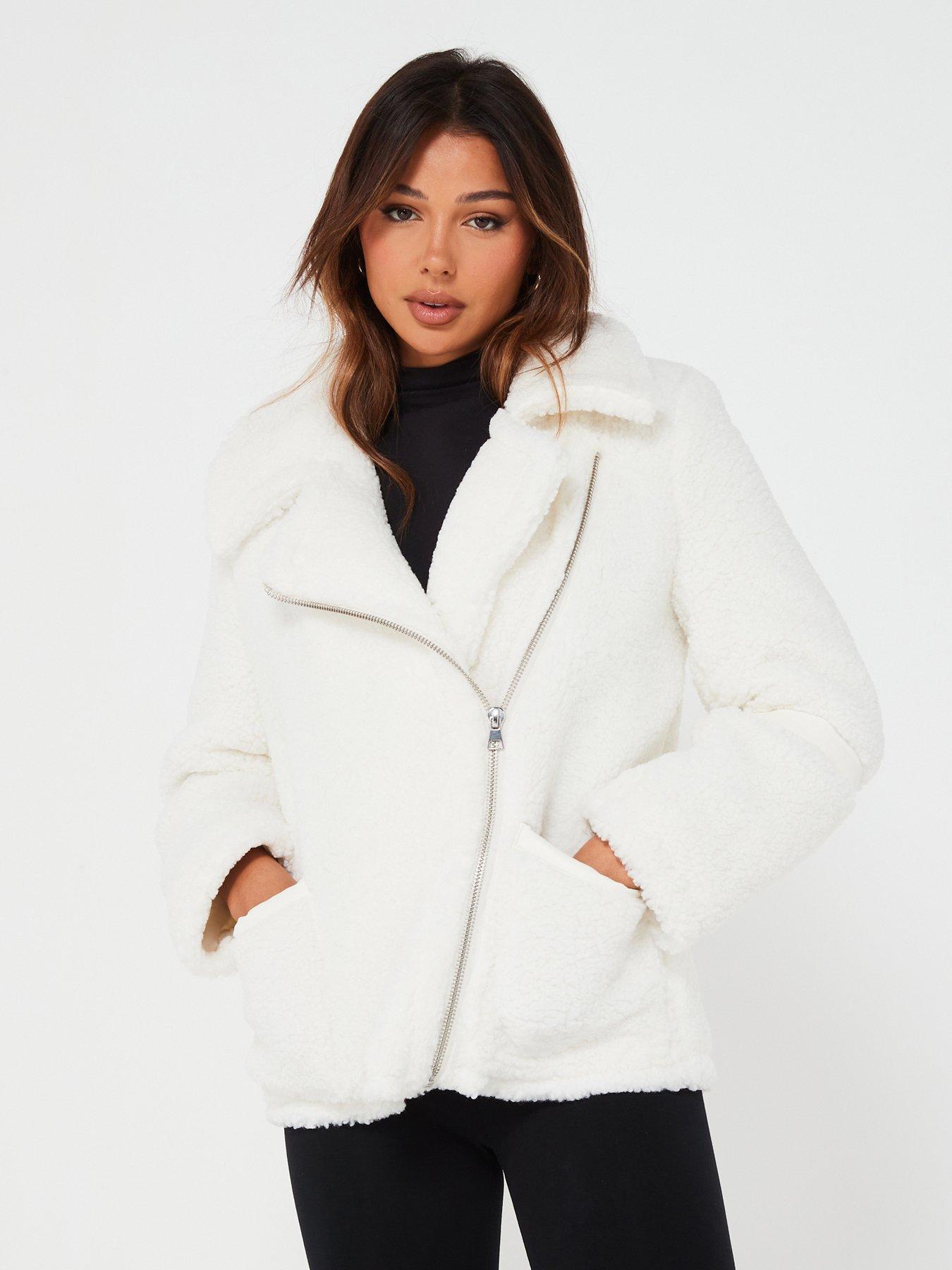 Topshop Petite Faux Leather Shearling Aviator Biker Jacket In Off  White-Brown for Women