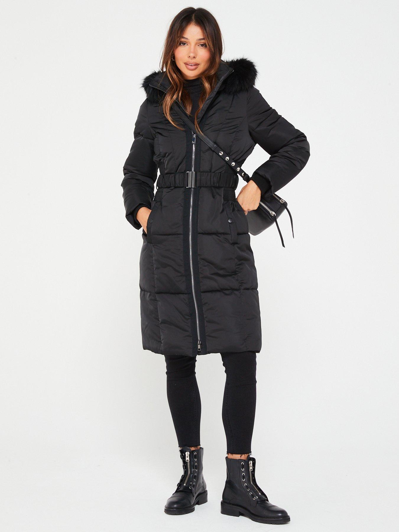 New Look longline diamond quilted padded coat in black