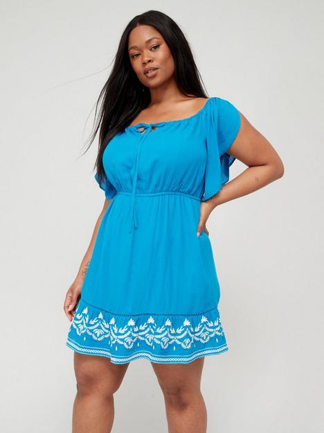v-by-very-curve-embroidered-angel-sleeve-off-shoulder-mini-dress-blue