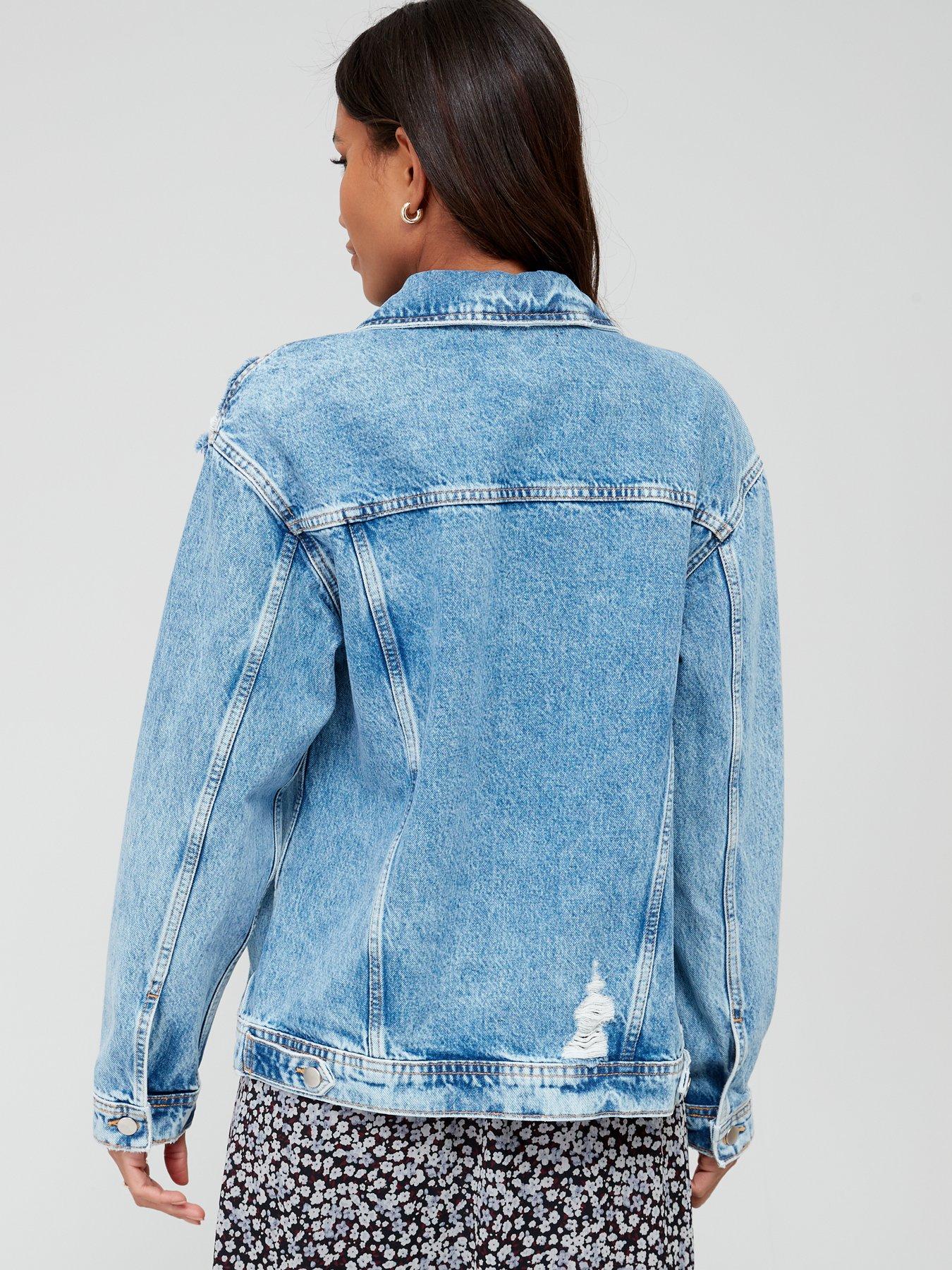 V by Very Relaxed Denim Jacket With Distressing Mid Wash very