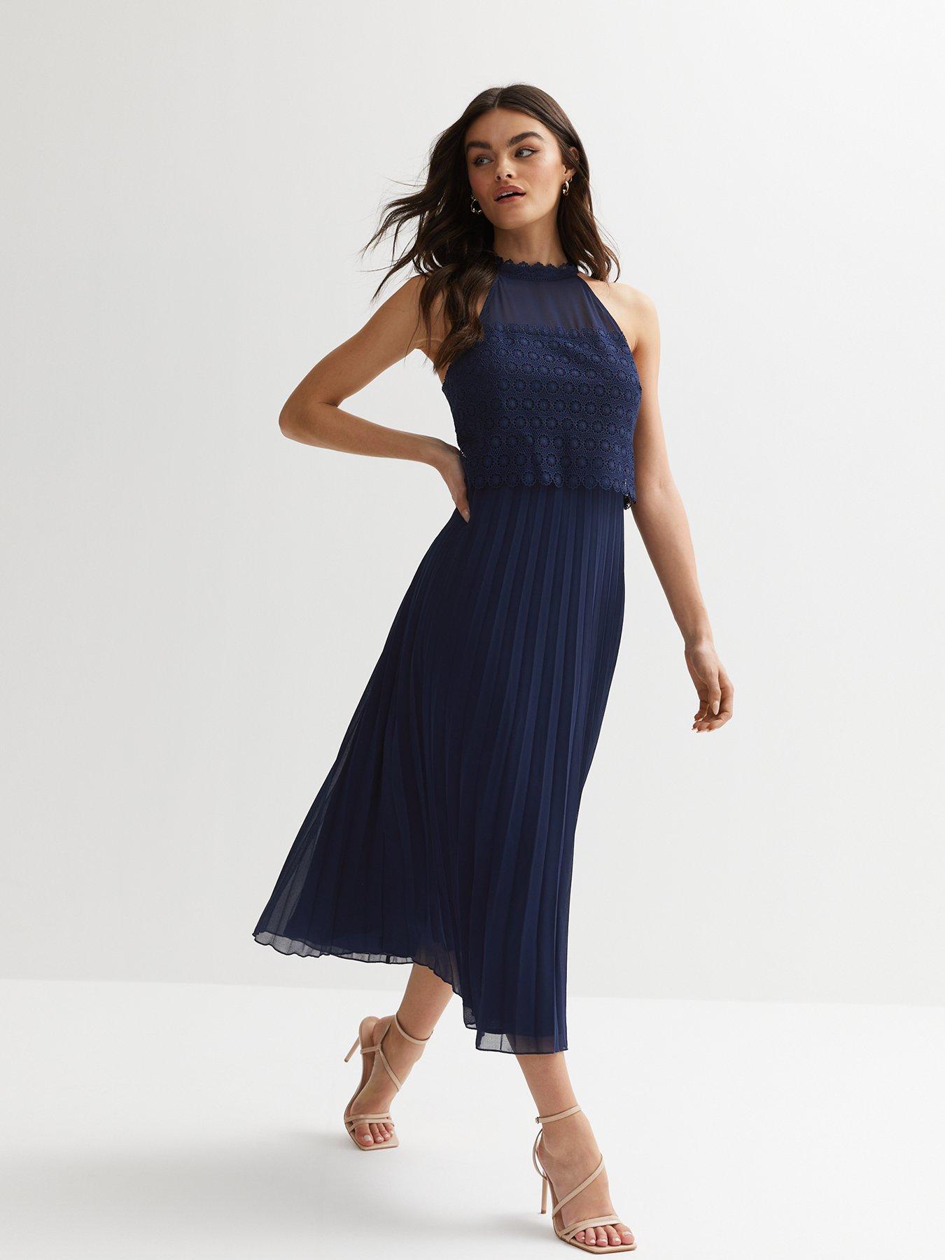 Navy Lace Pleated Halter Midi Dress