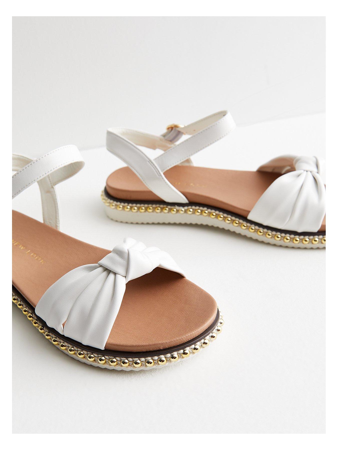 Wide Fit White Leather-Look Buckle Toe Post Sandals