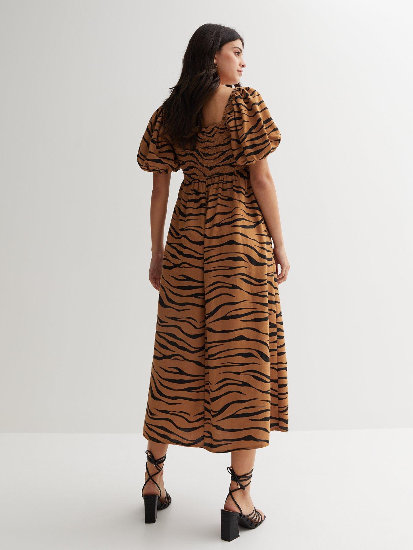 Curves Brown Zebra Print Shirred Midi Wrap Dress