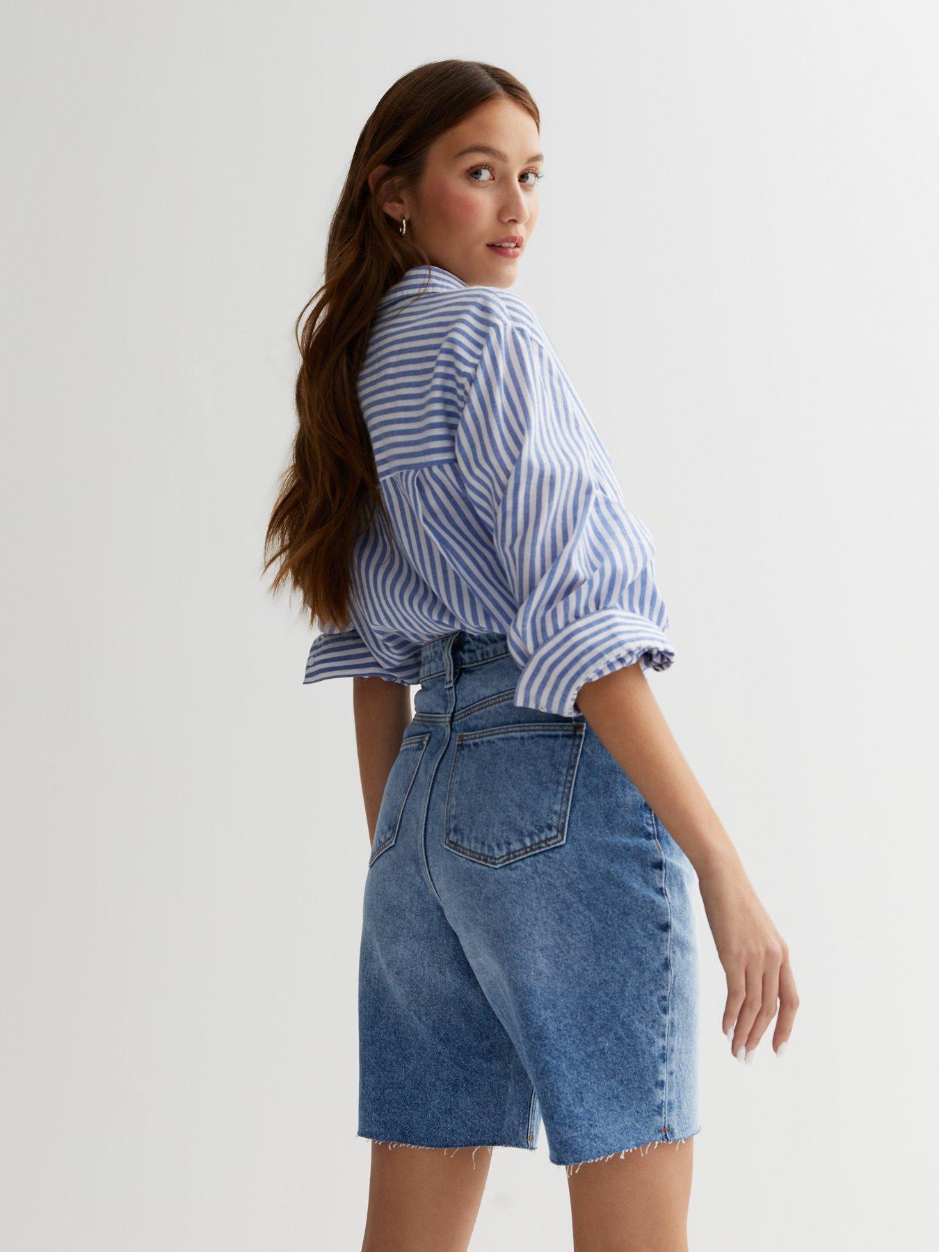 Blue Denim Raw Hem High Waist Bermuda Shorts