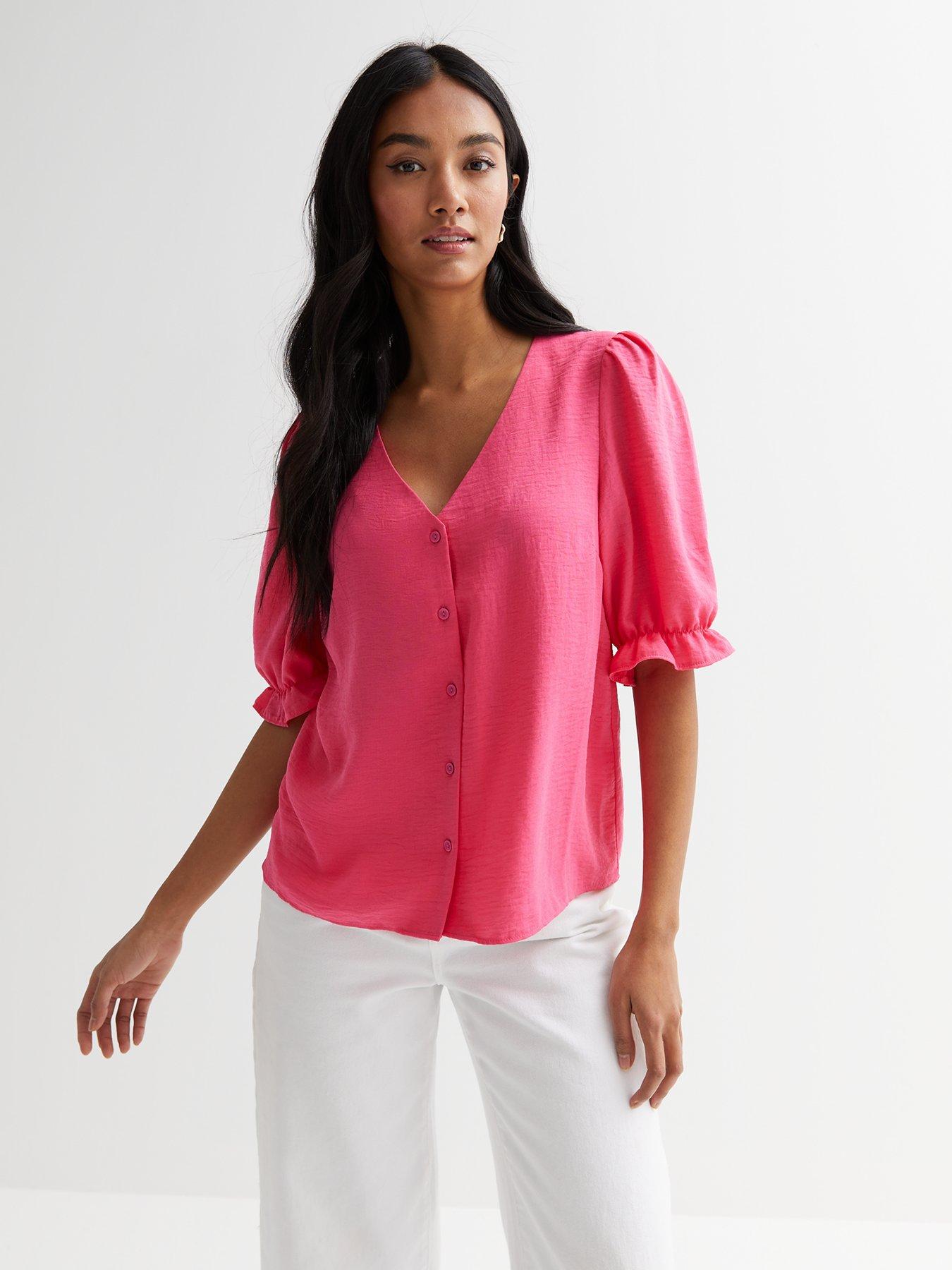 New Look Bright Pink Frill Sleeve Button Front Blouse | very.co.uk