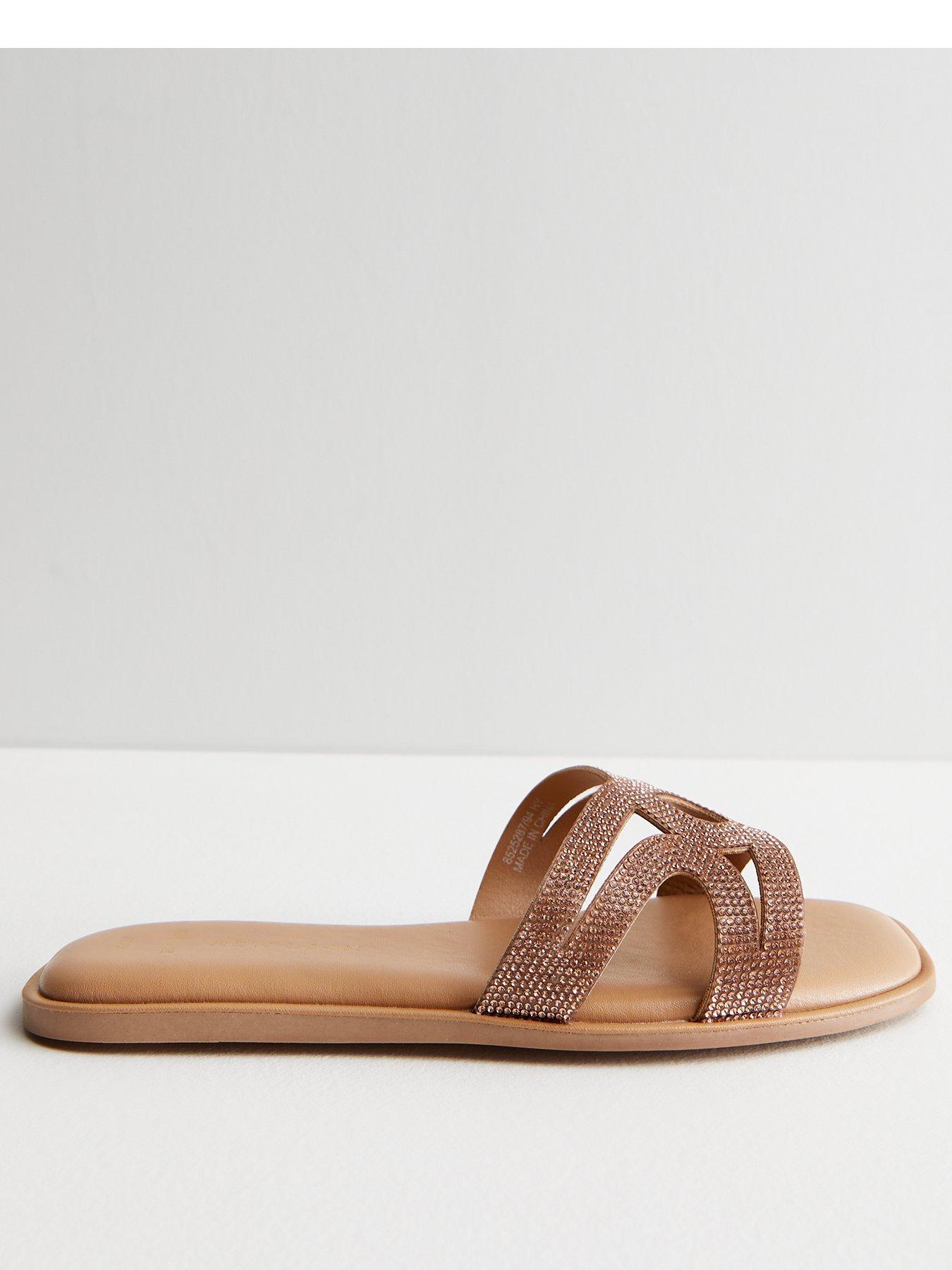 Wide Fit Pale Pink Leather-Look Beaded Footbed Sandals