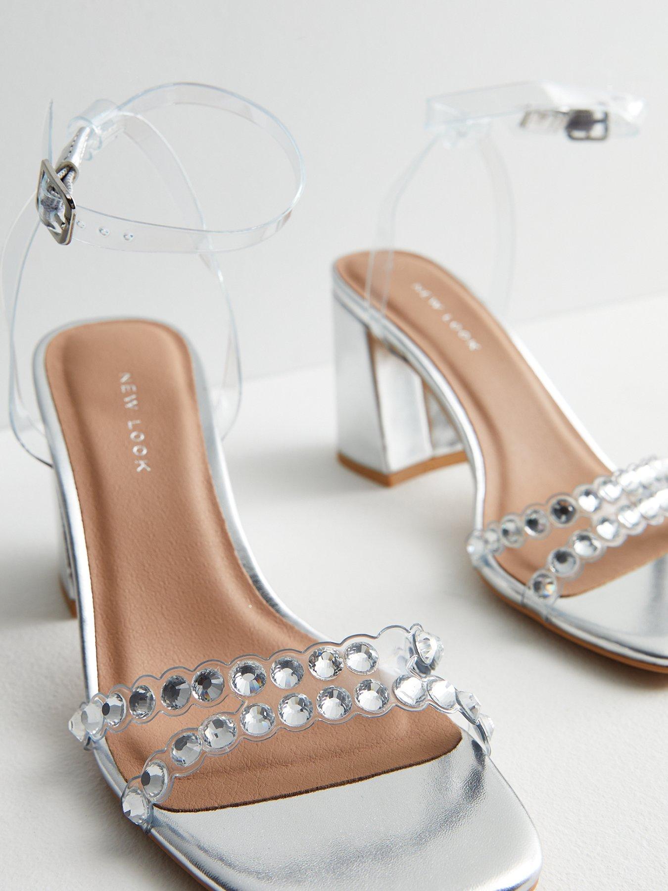 Silver Metallic Diamant Embellished Clear Strappy Block Heel Sandals