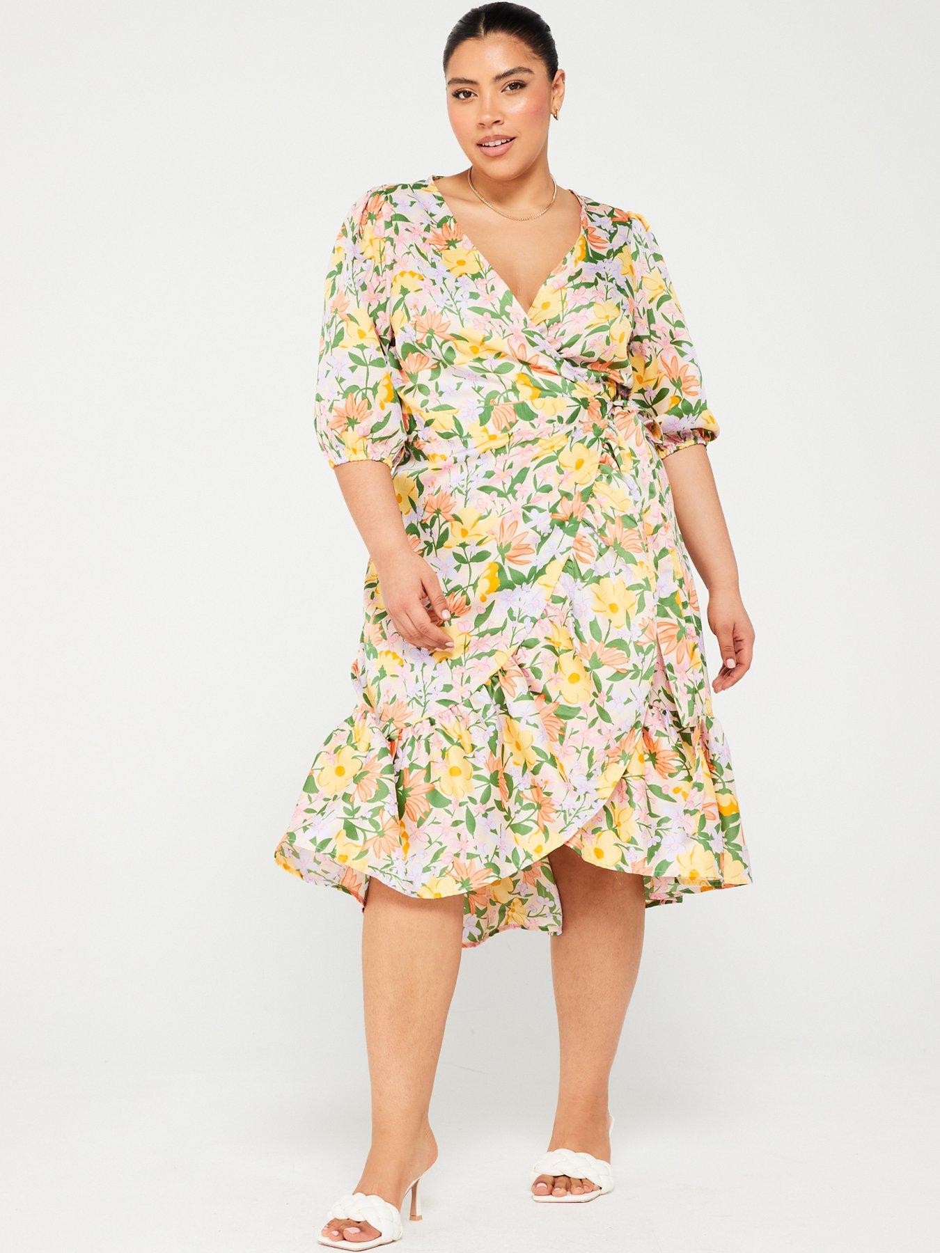 V by Very Curve Floral Frill Wrap Matte Satin Midi Dress - Multi