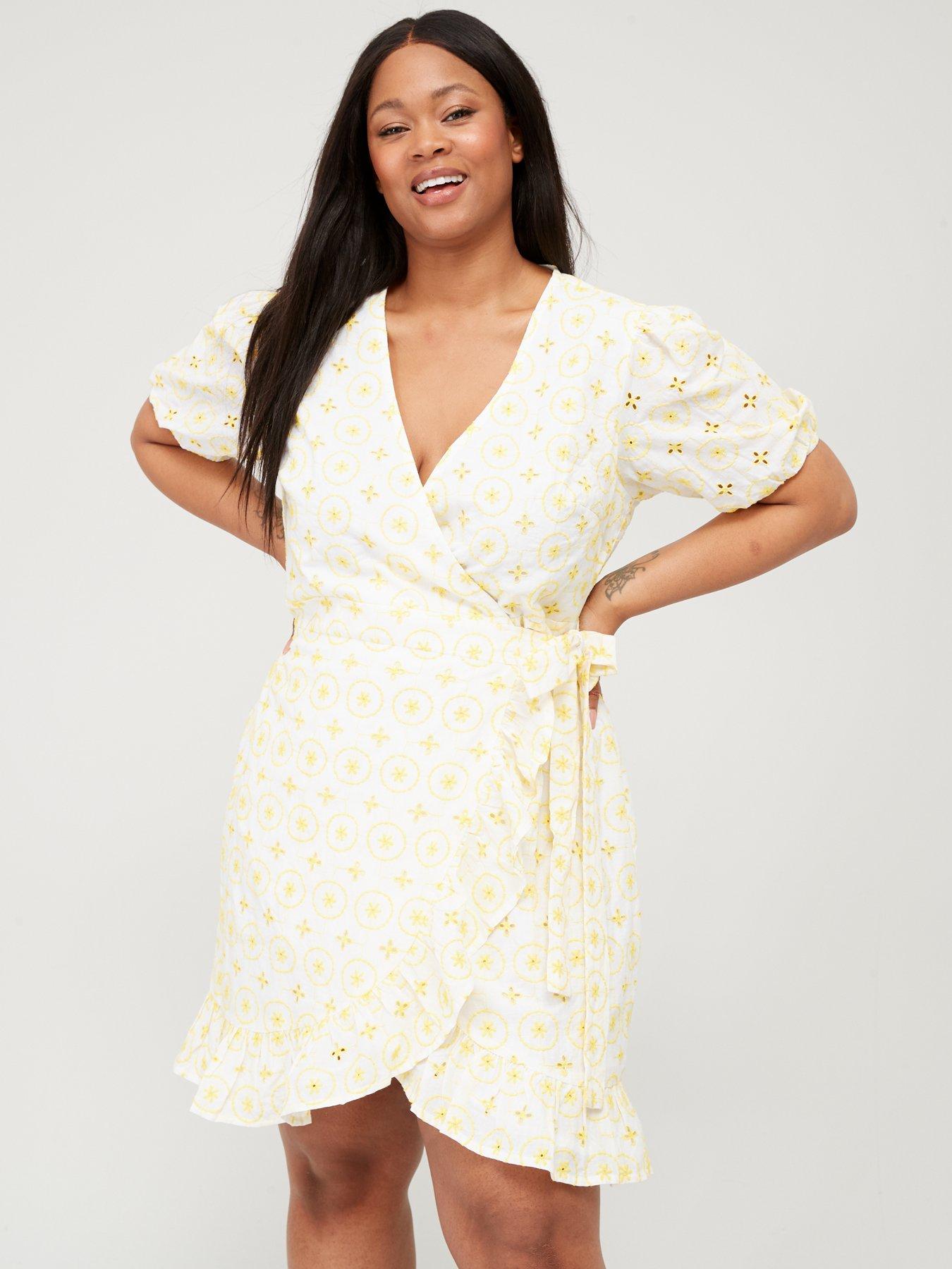 V by Very Curve Contrast Broderie Wrap Mini Dress White Yellow