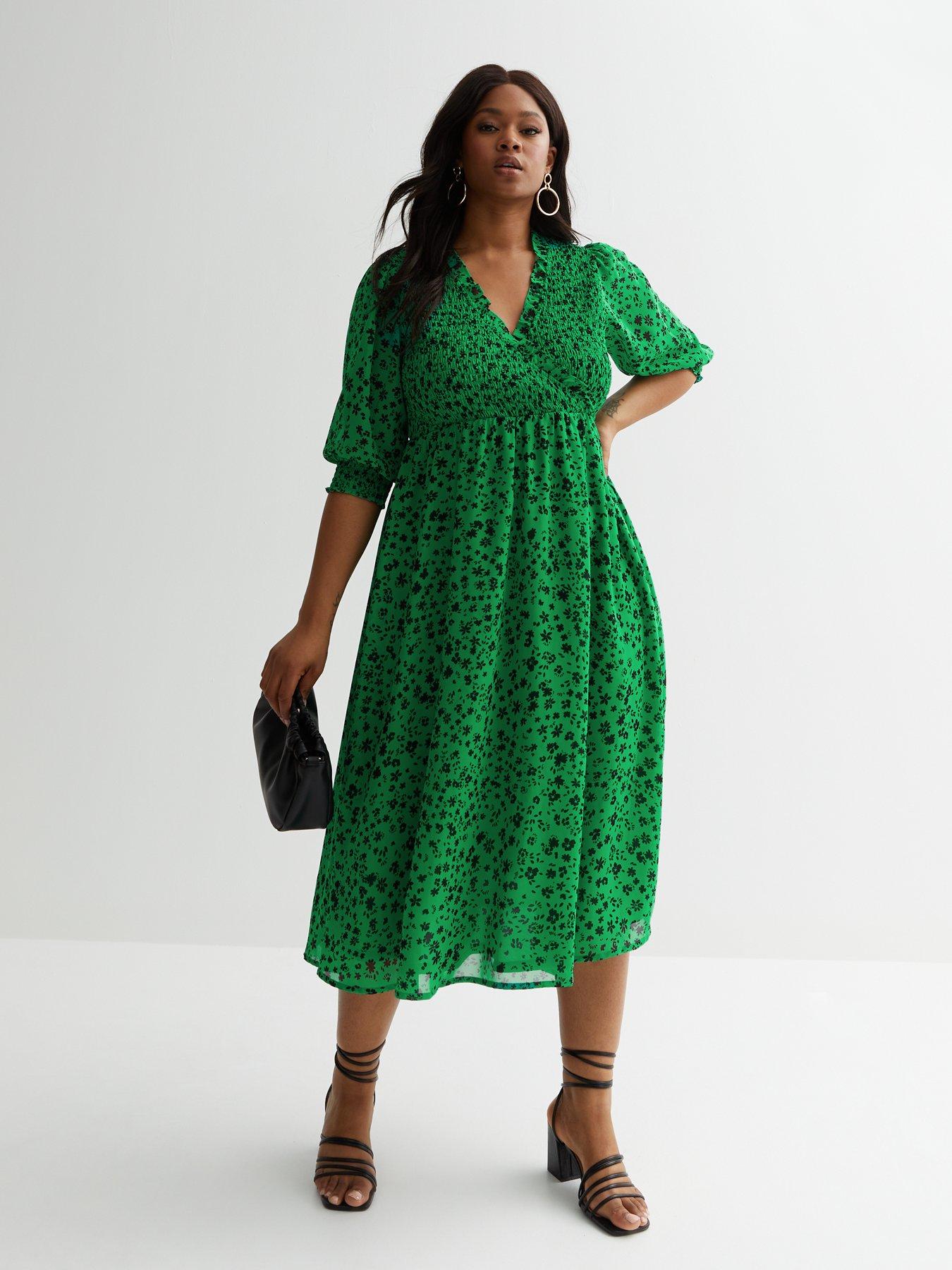 New Look Curves Green Floral Shirred Frill Midi Wrap Dress very