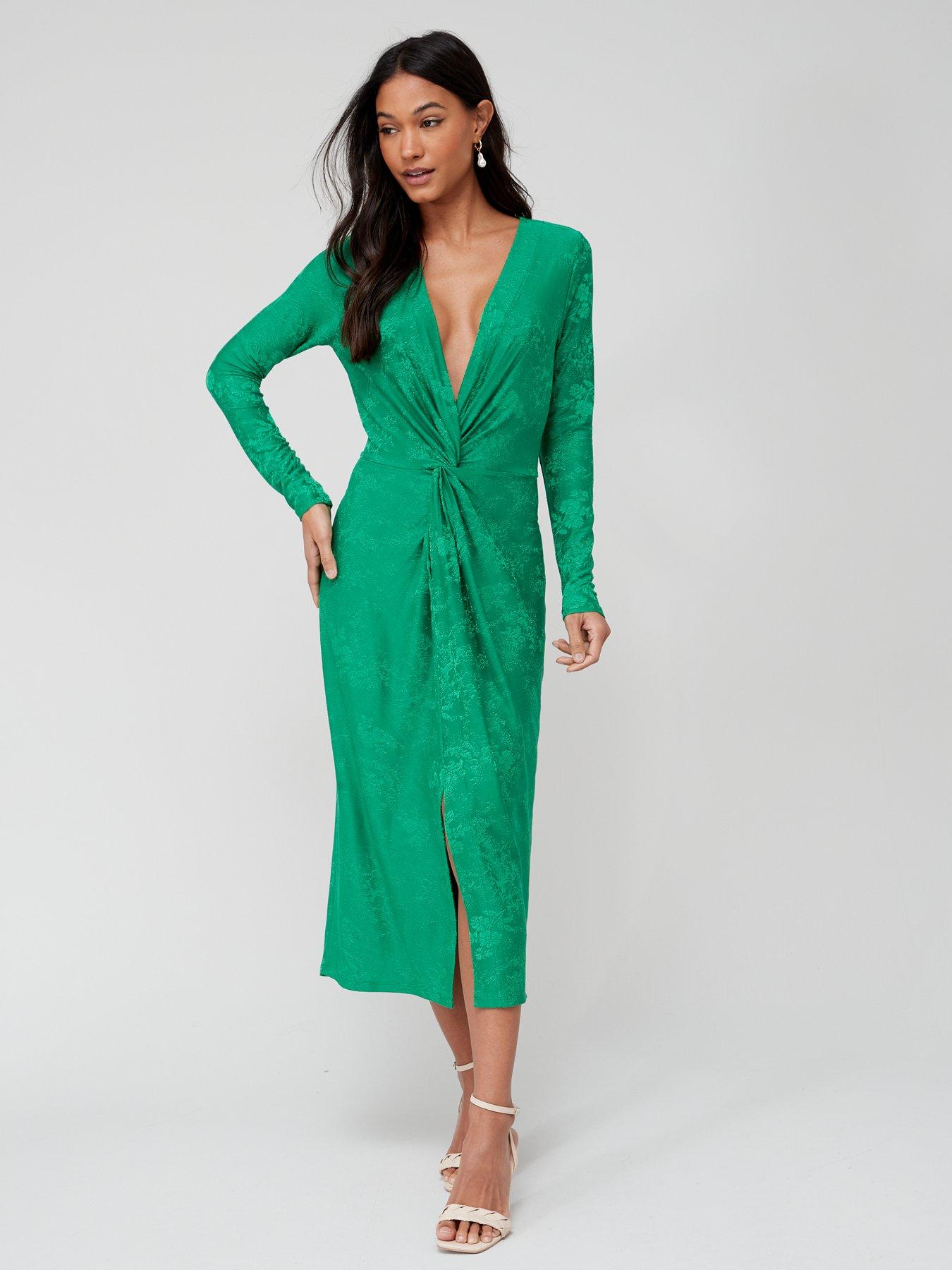 V by Very Slinky Jacquard Twist Front Dress - Green