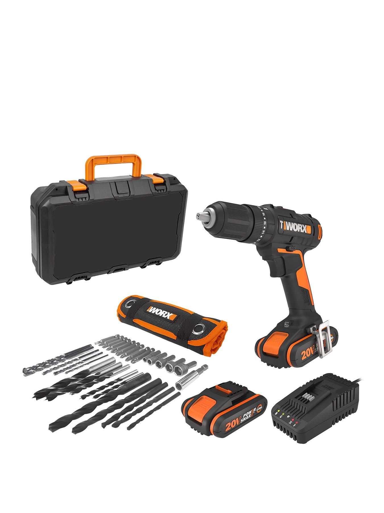 Product photograph of Worx Wx370 20v Cordless Hammer Drill With Built-in Light And 2 Batteries from very.co.uk