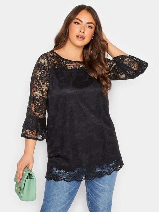 front image of yours-bell-sleeve-blouse-floral-lace