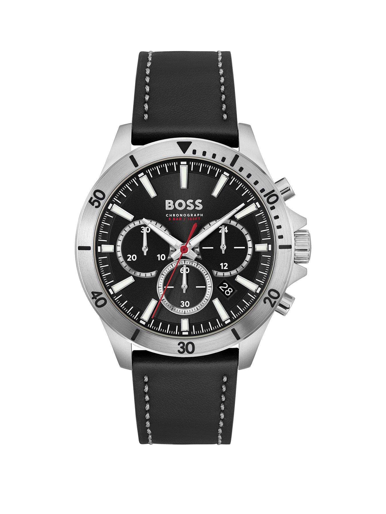 Product photograph of Boss Gents Troper Black Leather Strap Watch from very.co.uk