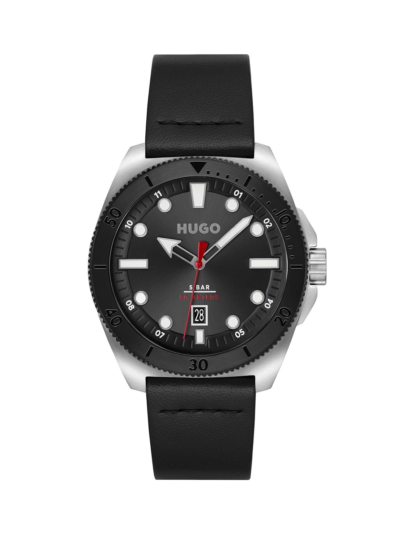 Product photograph of Hugo Gents Hugo Visit Black Leather Strap Watch from very.co.uk