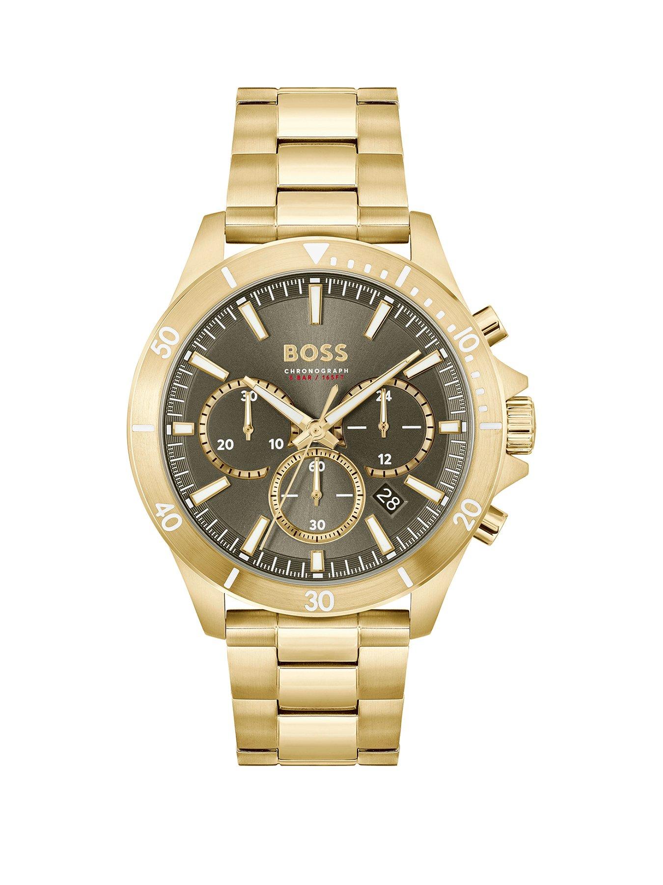 Product photograph of Boss Gents Boss Troper Light Yellow Gold Ip Bracelet Watch from very.co.uk