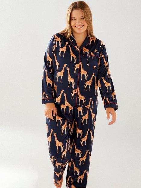 chelsea-peers-curve-navy-satin-giraffe-button-up-pyjama-set