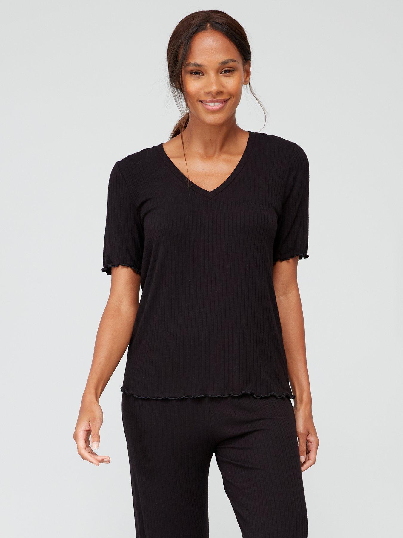 Brushed Rib Short Sleeve V Neck Pyjama Set - Black