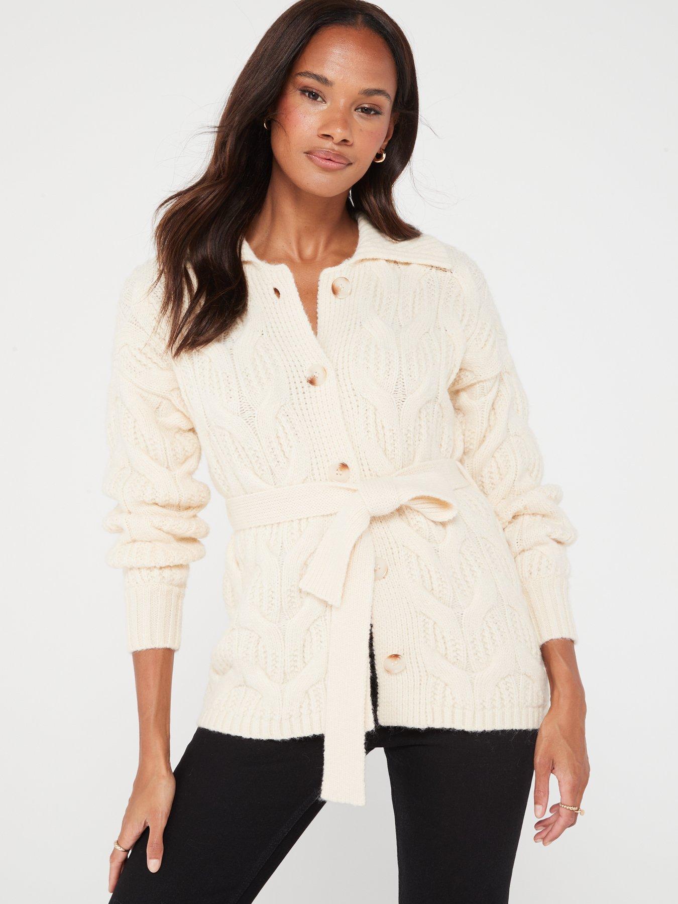 Belted Collar Button Through Cardigan - Natural