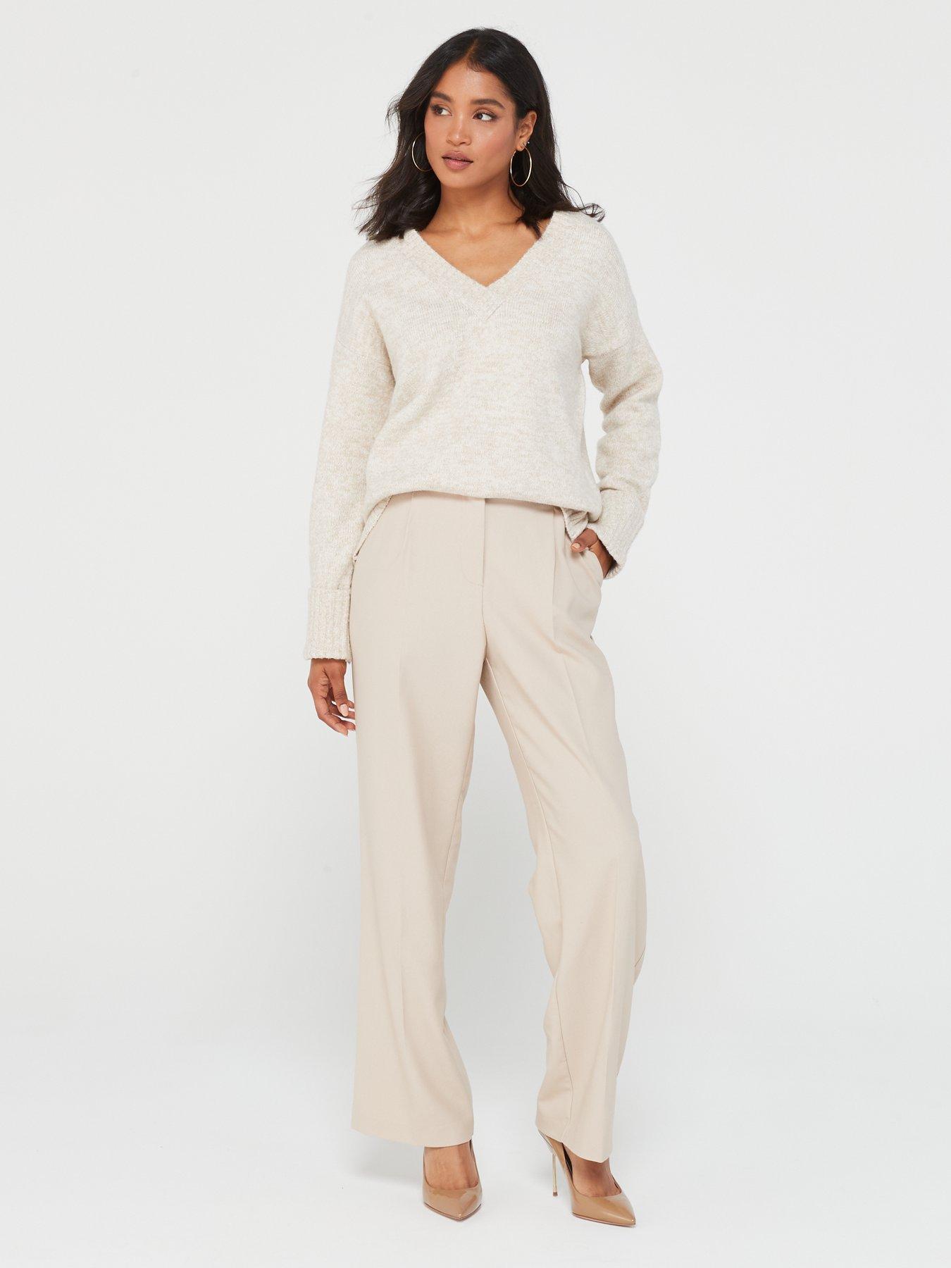 V by Very Deep V Turn Up Cuff Jumper - Natural