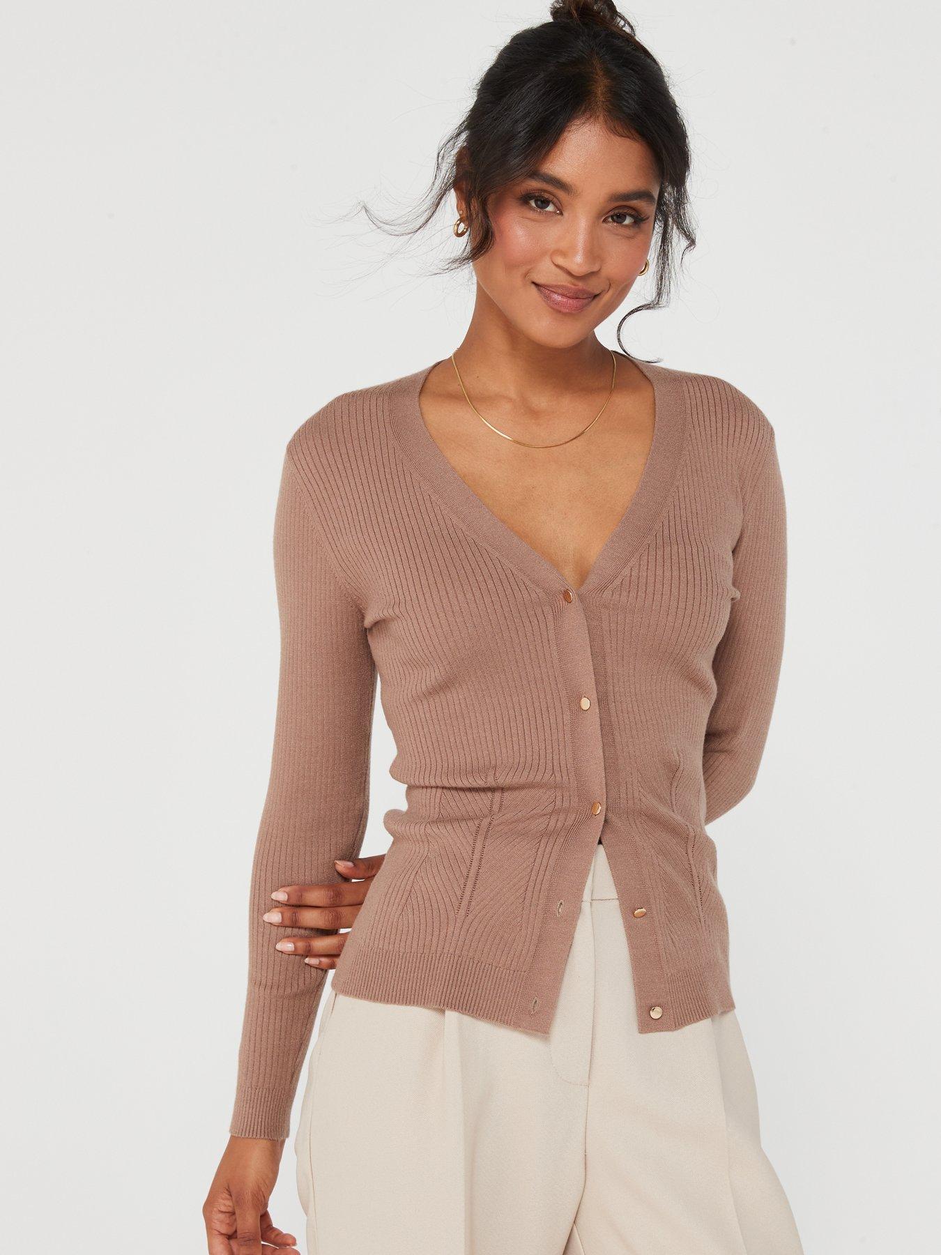 Everyday Ribbed V Neck Button Cardigan Dark Beige very