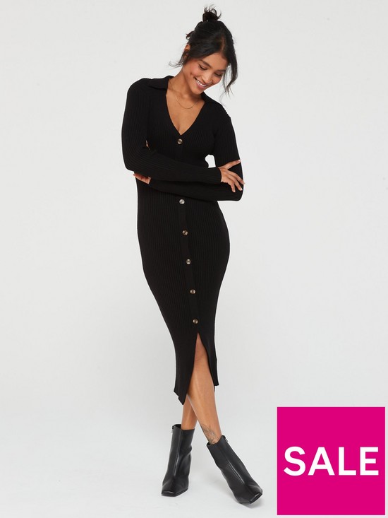 front image of everyday-collared-button-through-midi-dress-black