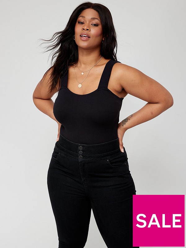 V by Very Curve Seamless Fitted Wide Strap Rib Top - Black