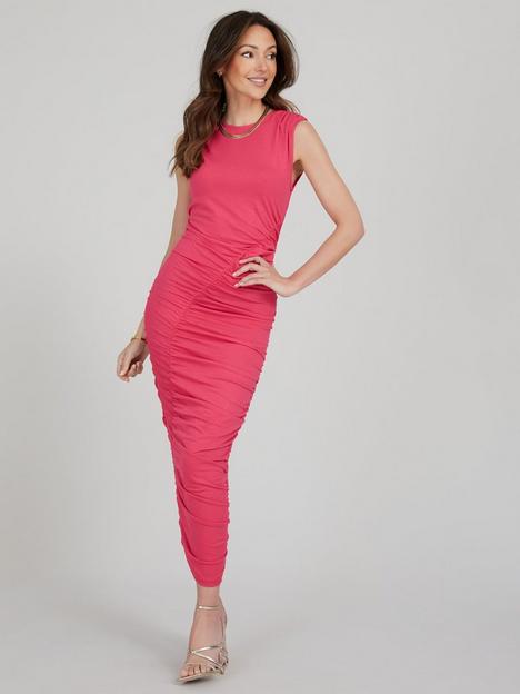 michelle-keegan-bodycon-ruched-jersey-midi-dress-pink