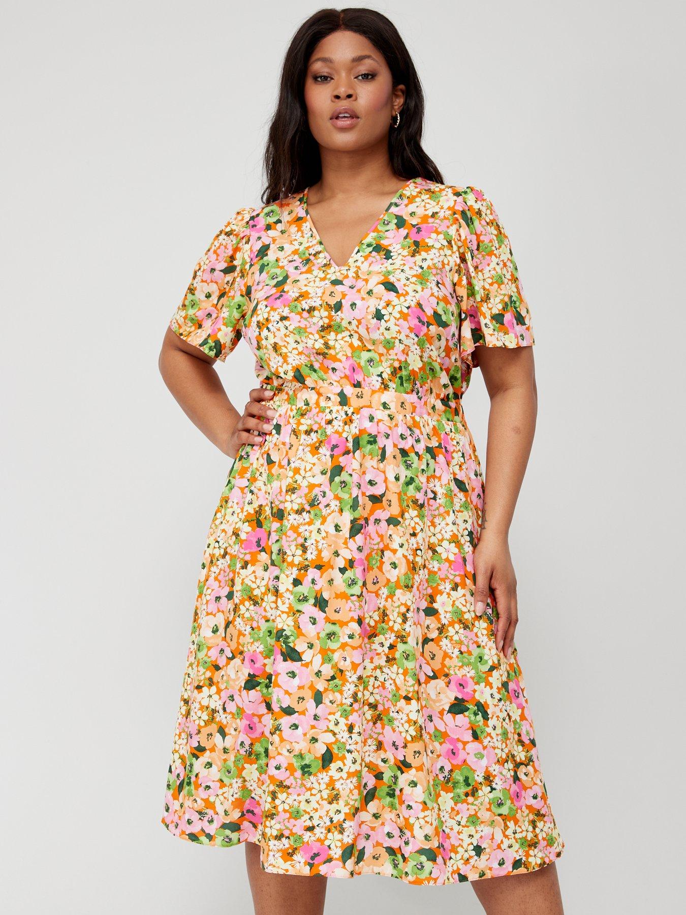 V by Floral Print Neck Short Spun Viscose Midi Dress - Multi | very.co.uk