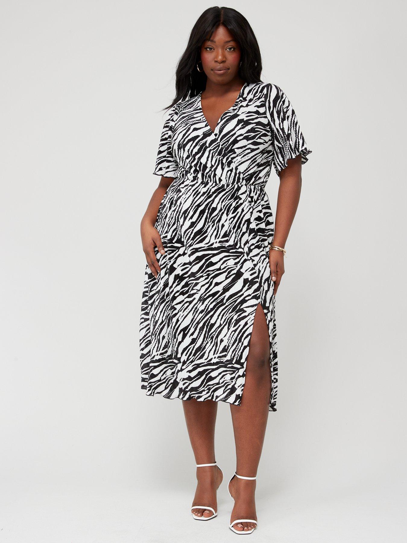 V by Very Curve Zebra Print Wrap Front Short Sleeve Plisse Midi Dress -  Multi