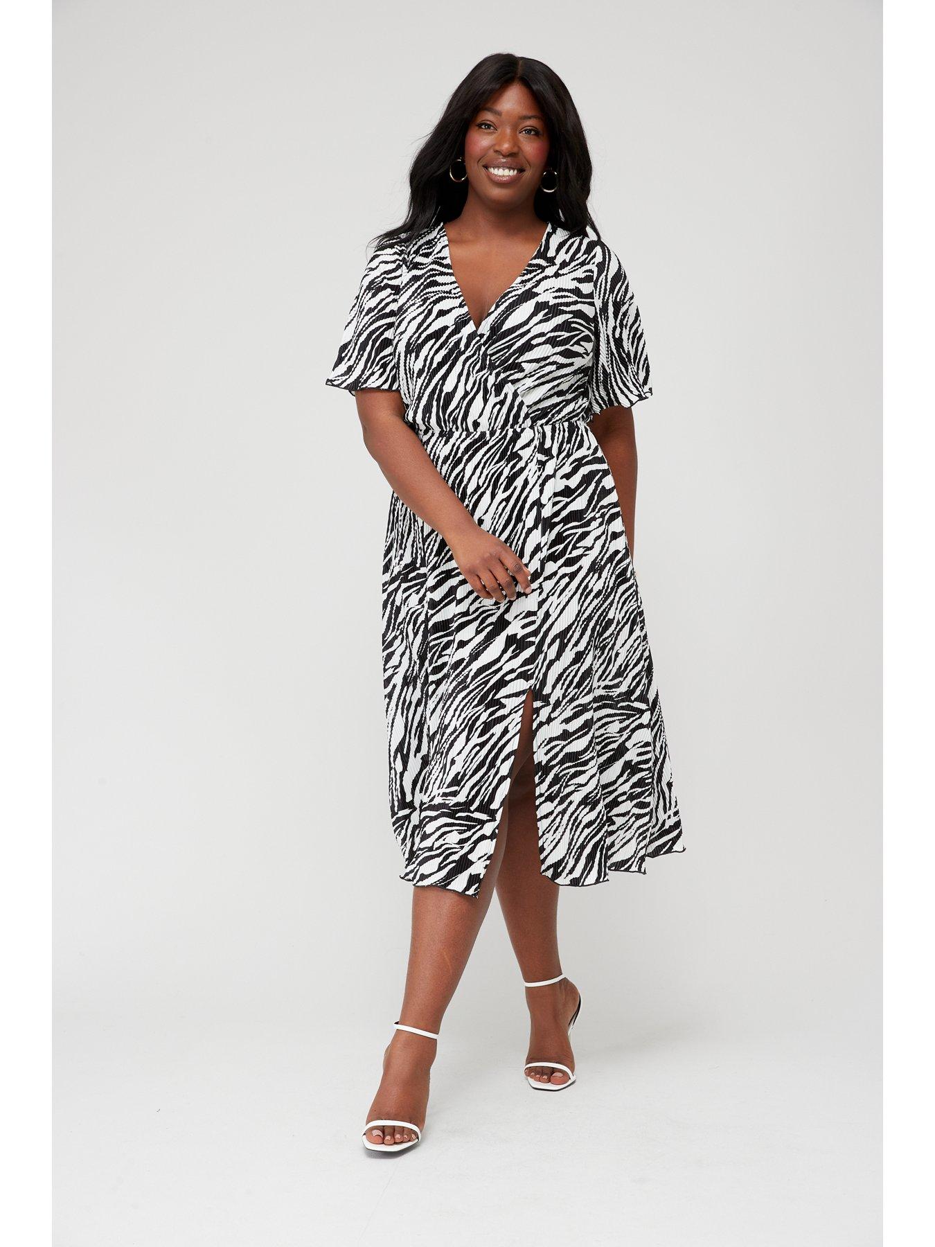 V by Very Curve Zebra Print Wrap Front Short Sleeve Plisse Midi