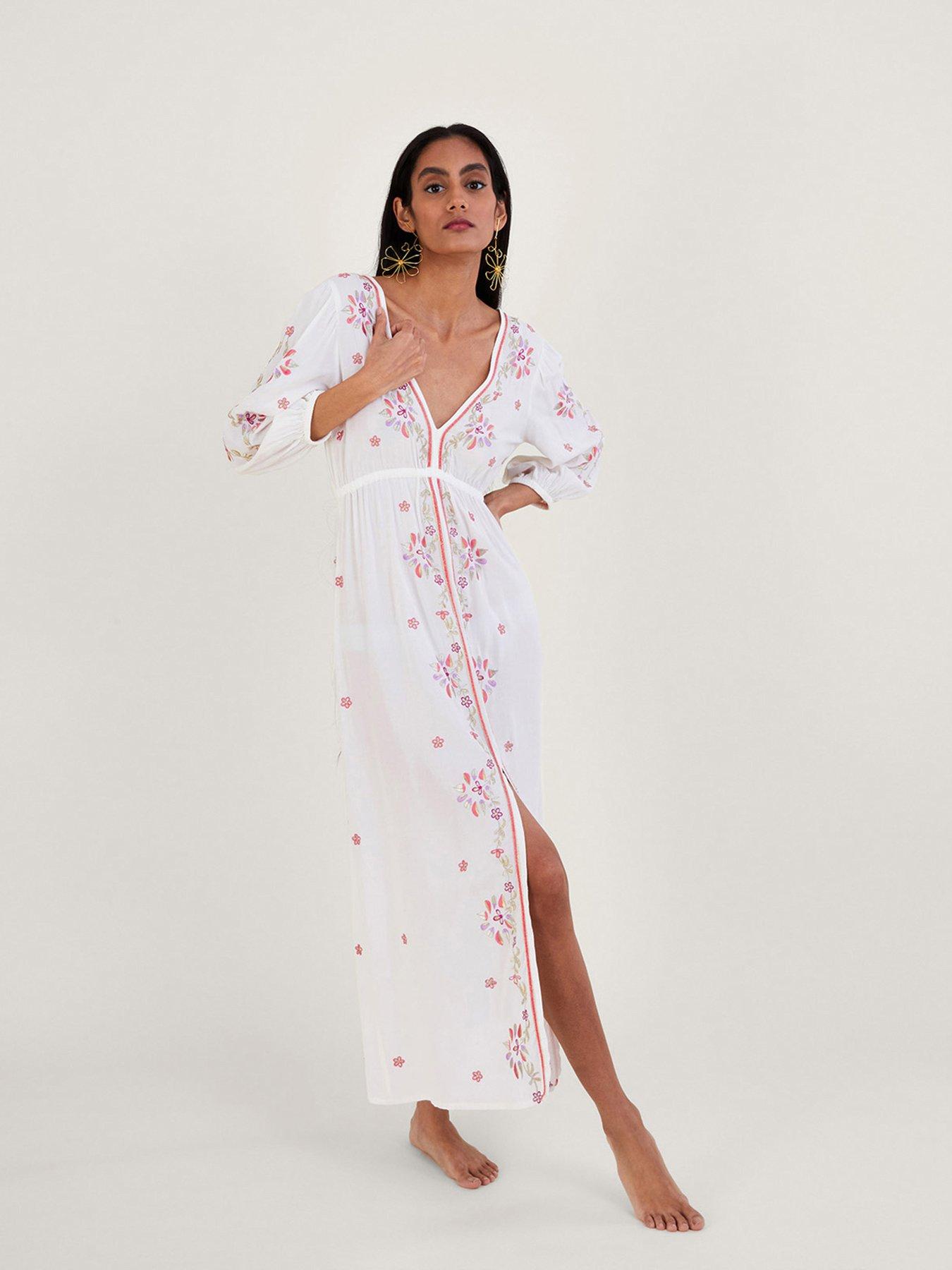 Monsoon Embroidered Maxi Kaftan Dress - White