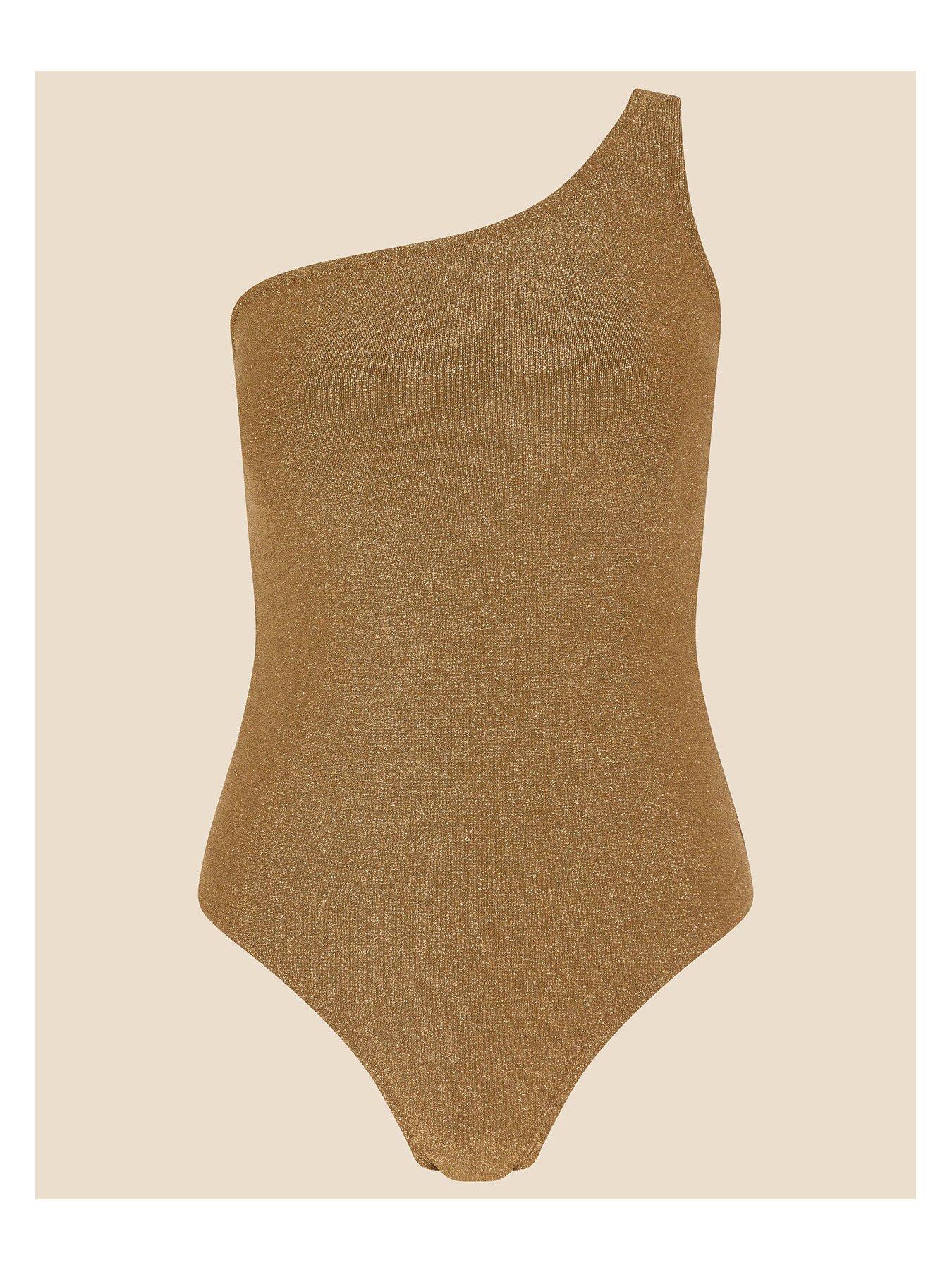 Image 3 of 4 of Accessorize Shimmer One-shoulder Swimsuit - Gold
