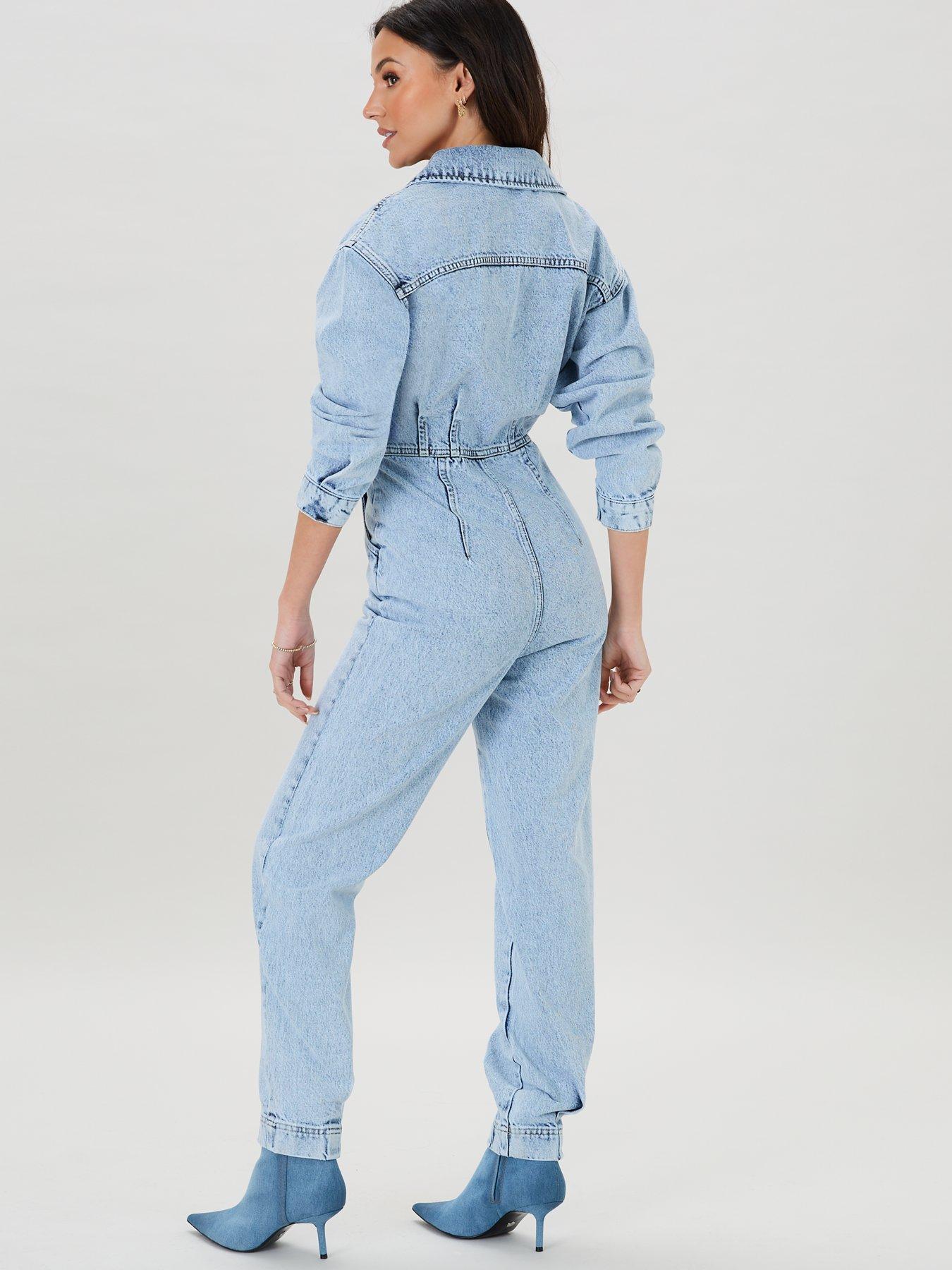 Womens Denim Coverall Aviator, One Piece Jean Collar Neckline