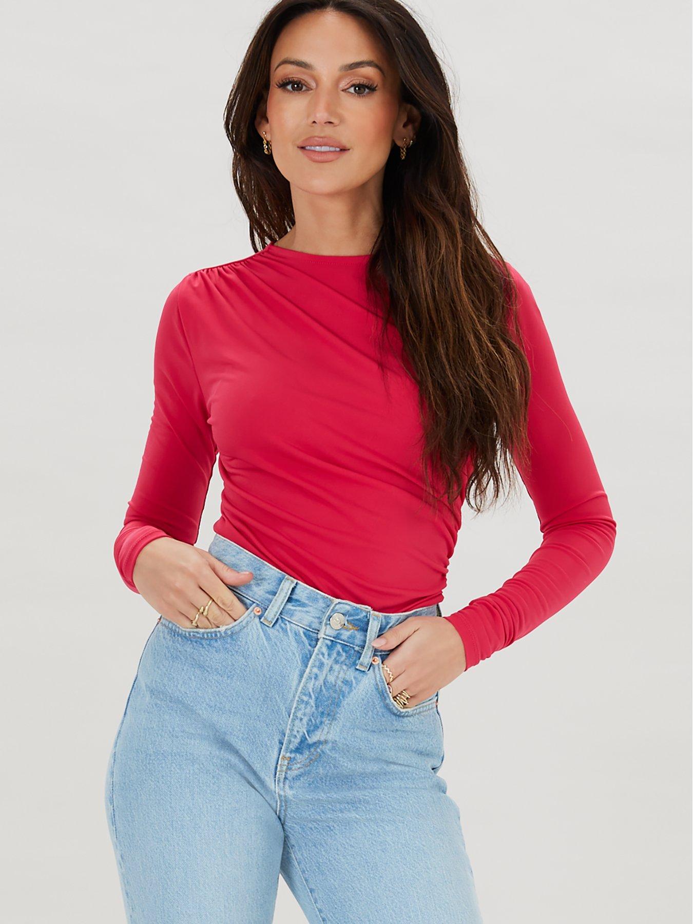 Michelle Keegan Ruched Front Detail Long Sleeve Top - Pink | very.co.uk