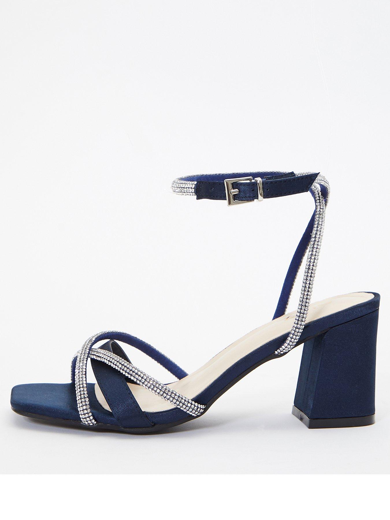 Quiz Satin Diamante Cross Strap Block Heeled Sandals Dark Blue