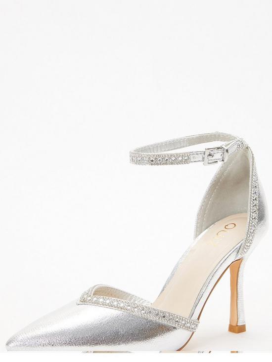 Quiz Shimmer Diamante Trim Low Court Heels - Silver | very.co.uk