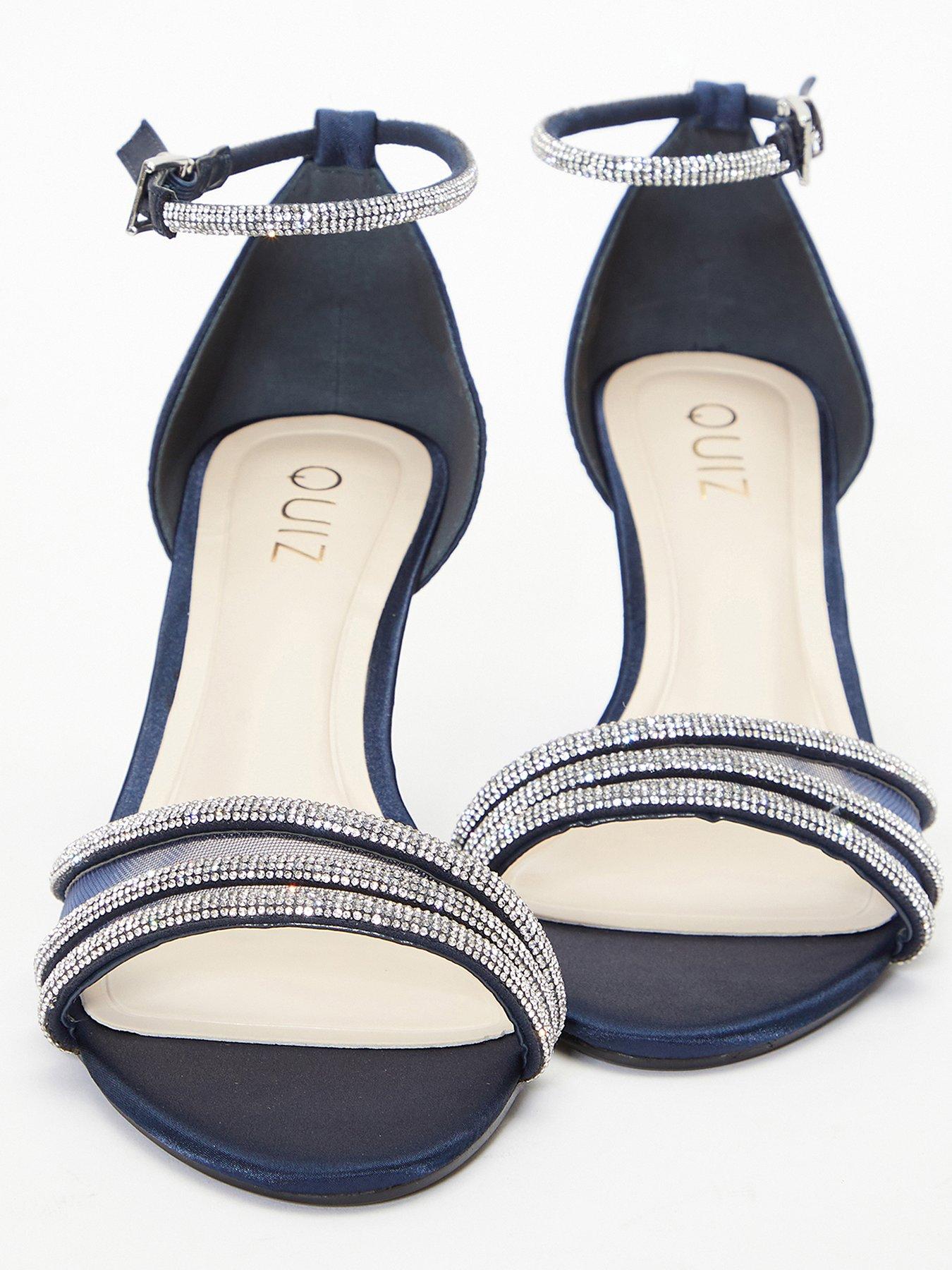 Quiz Satin Diamante Mesh Low Heels Dark Blue Very