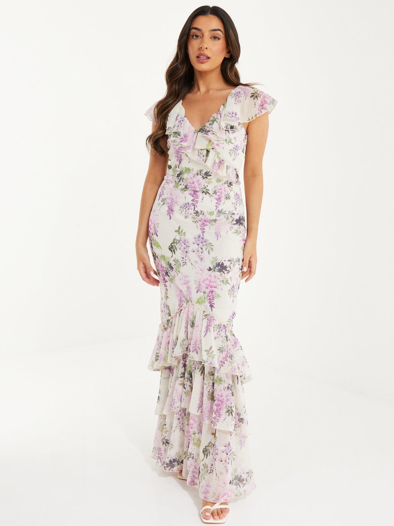 Purple floral frill maxi dress store river island