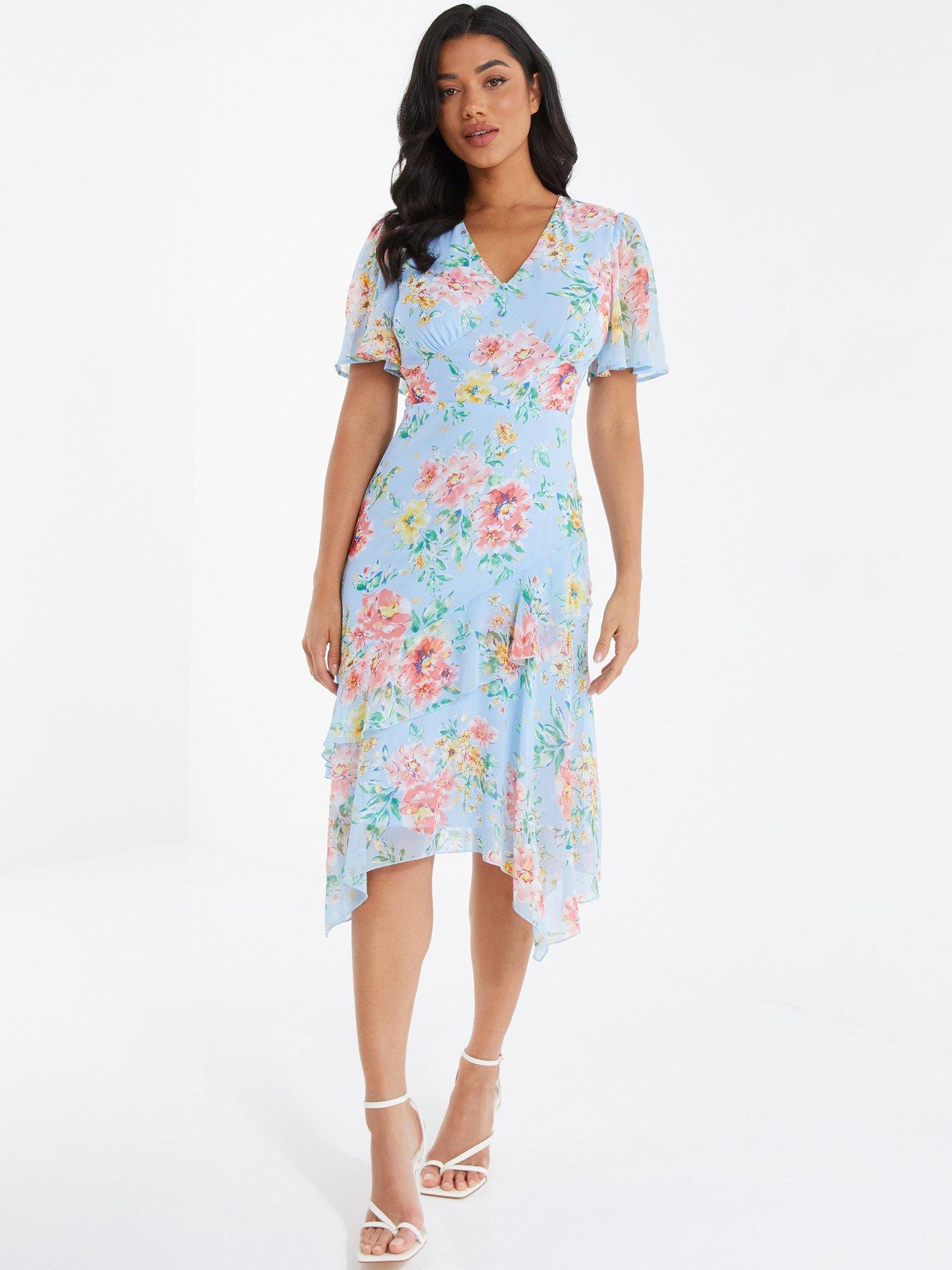 quiz floral midi dress QUIZ Women's Woven Floral Puff Sleeve Midi Dress