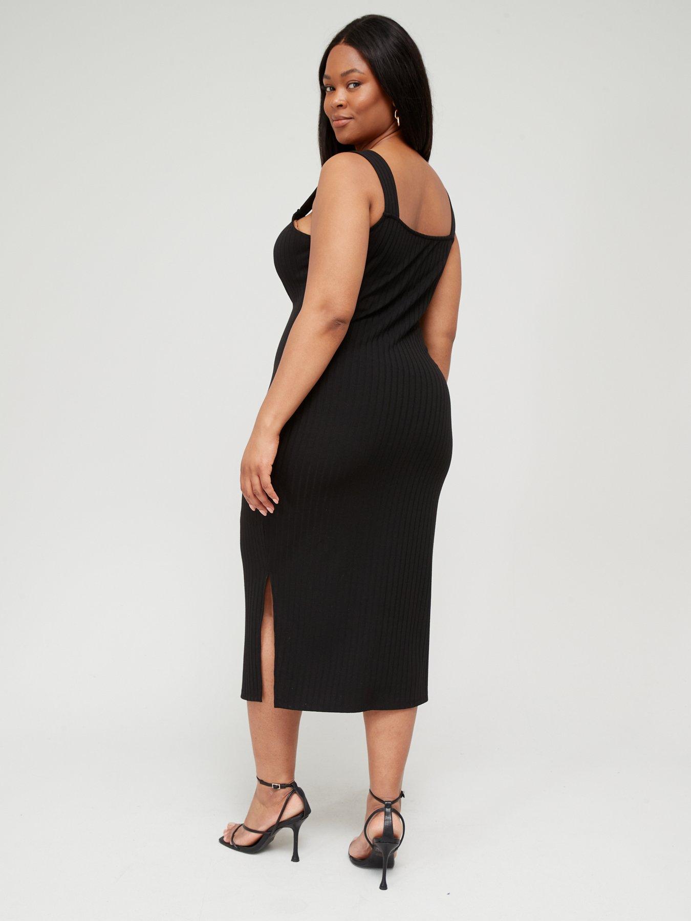 V by Very Curve Tie Neck Rib Fitted Midi Dress Black very