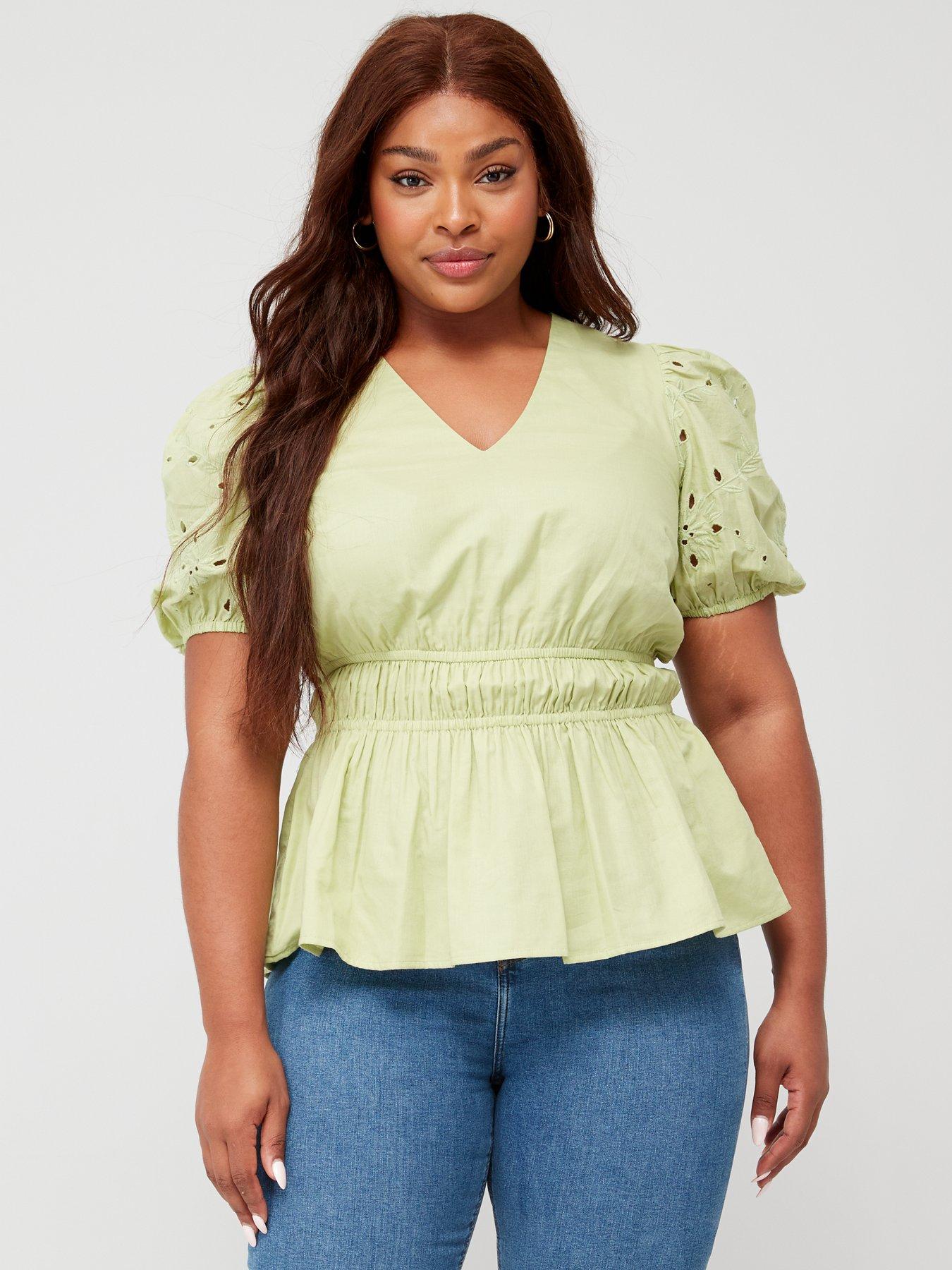 v-by-very-curve-broderie-sleeve-v-neck-peplum-top-green