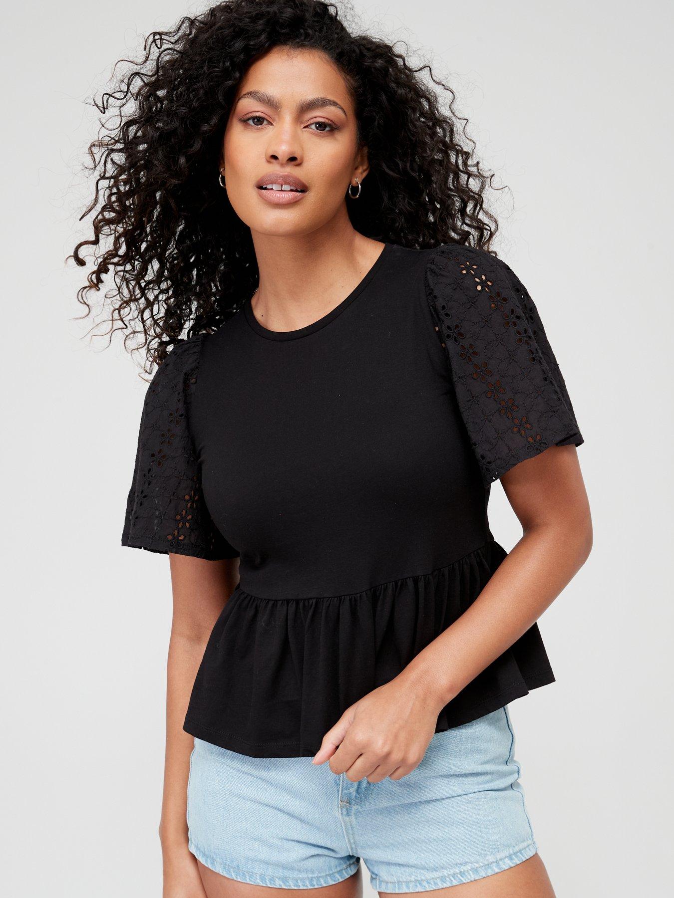 V by Very Frill Sleeve Peplum Top - Black