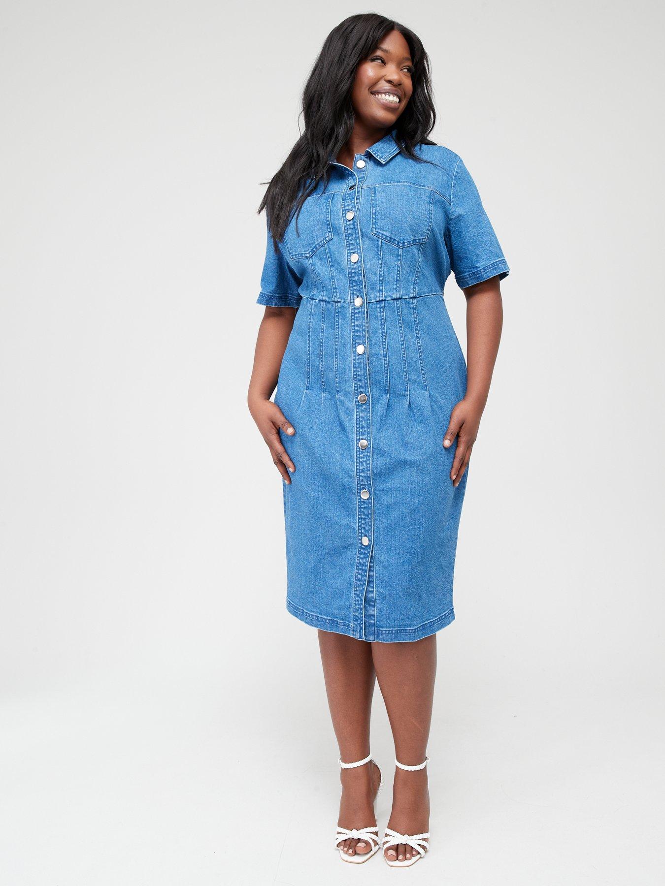 V by Very Curve Corset Waist Denim Midi Dress - Mid Blue