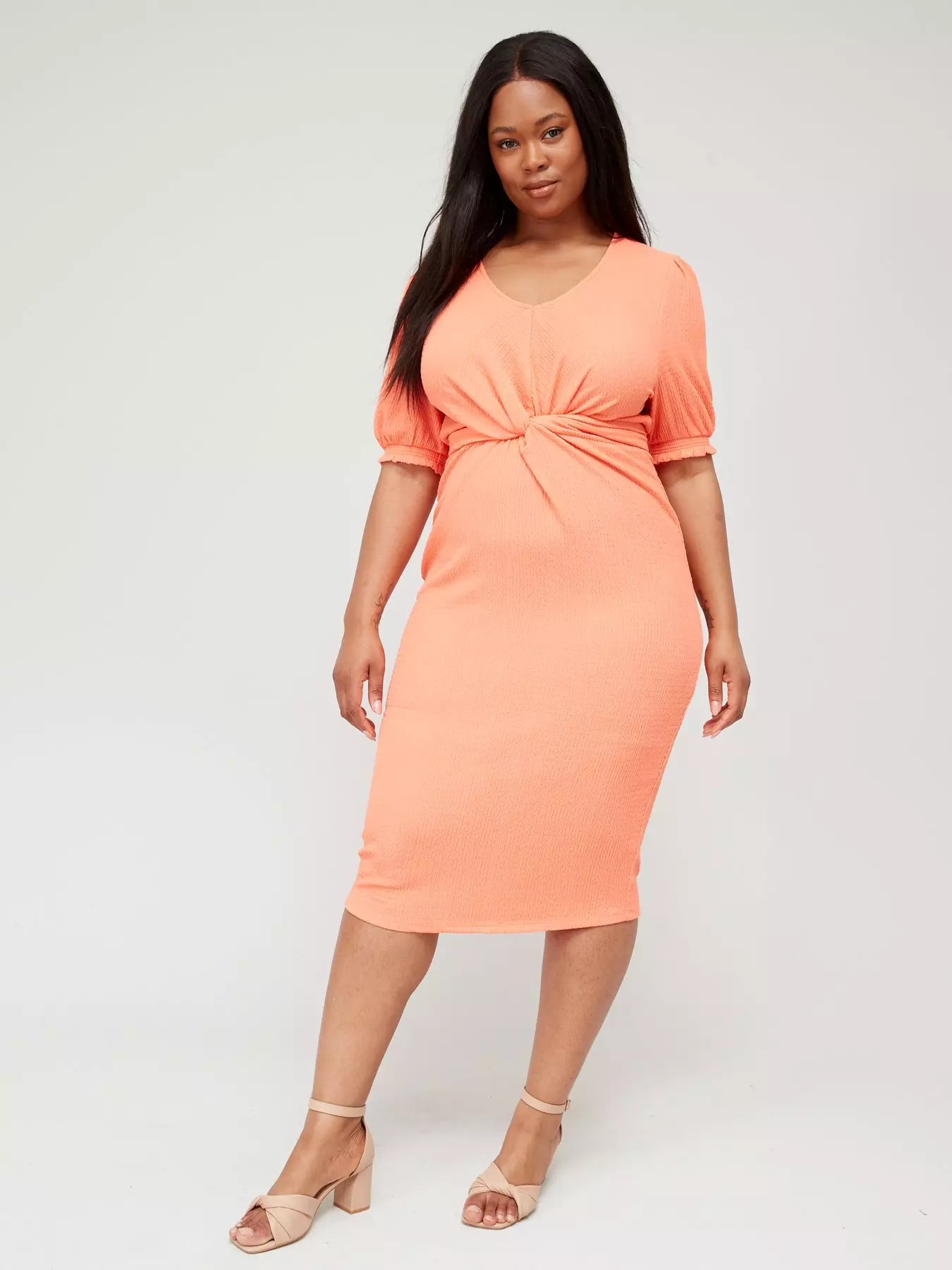 V by Very Curve Abstract Animal 3/4 Sleeve Belted V Neck Midi