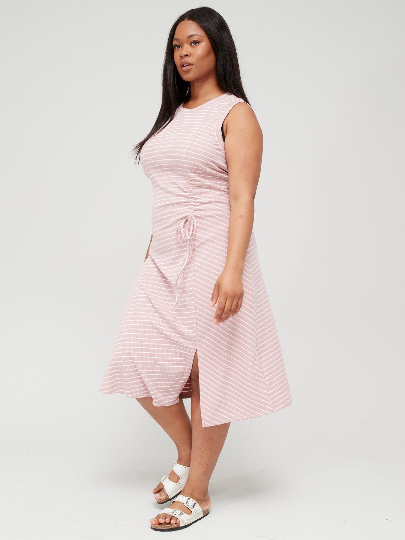 V by Very Curve Ruched Waist Sleeveless Stripe Midi Jersey Dress - Pink