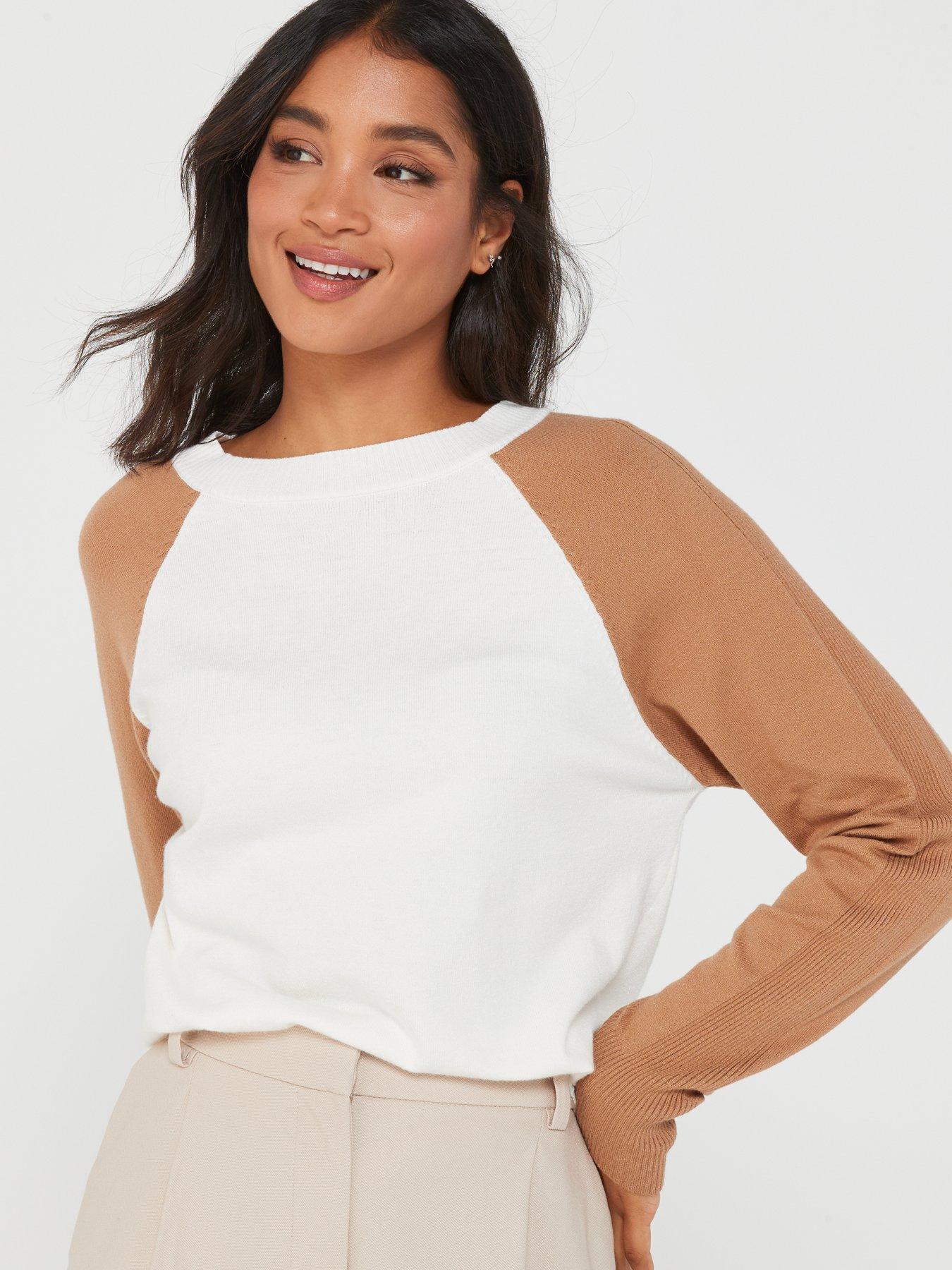 Contrast Sleeve Crew Neck Jumper Cream