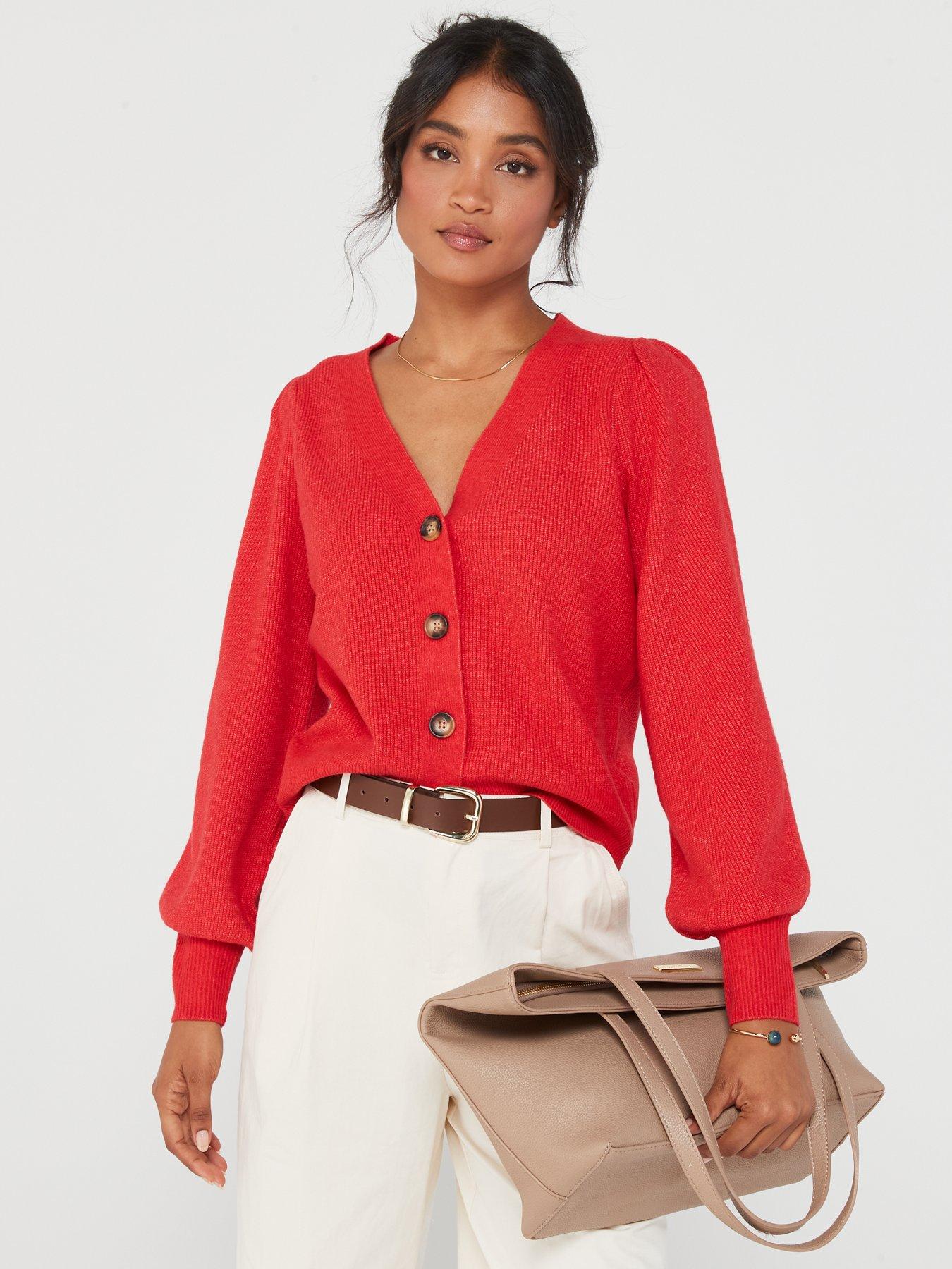 Everyday Rib V Neck Cardigan Red