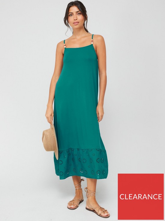 front image of v-by-very-broidery-hem-beaded-strap-beach-midaxi-beach-dress-teal