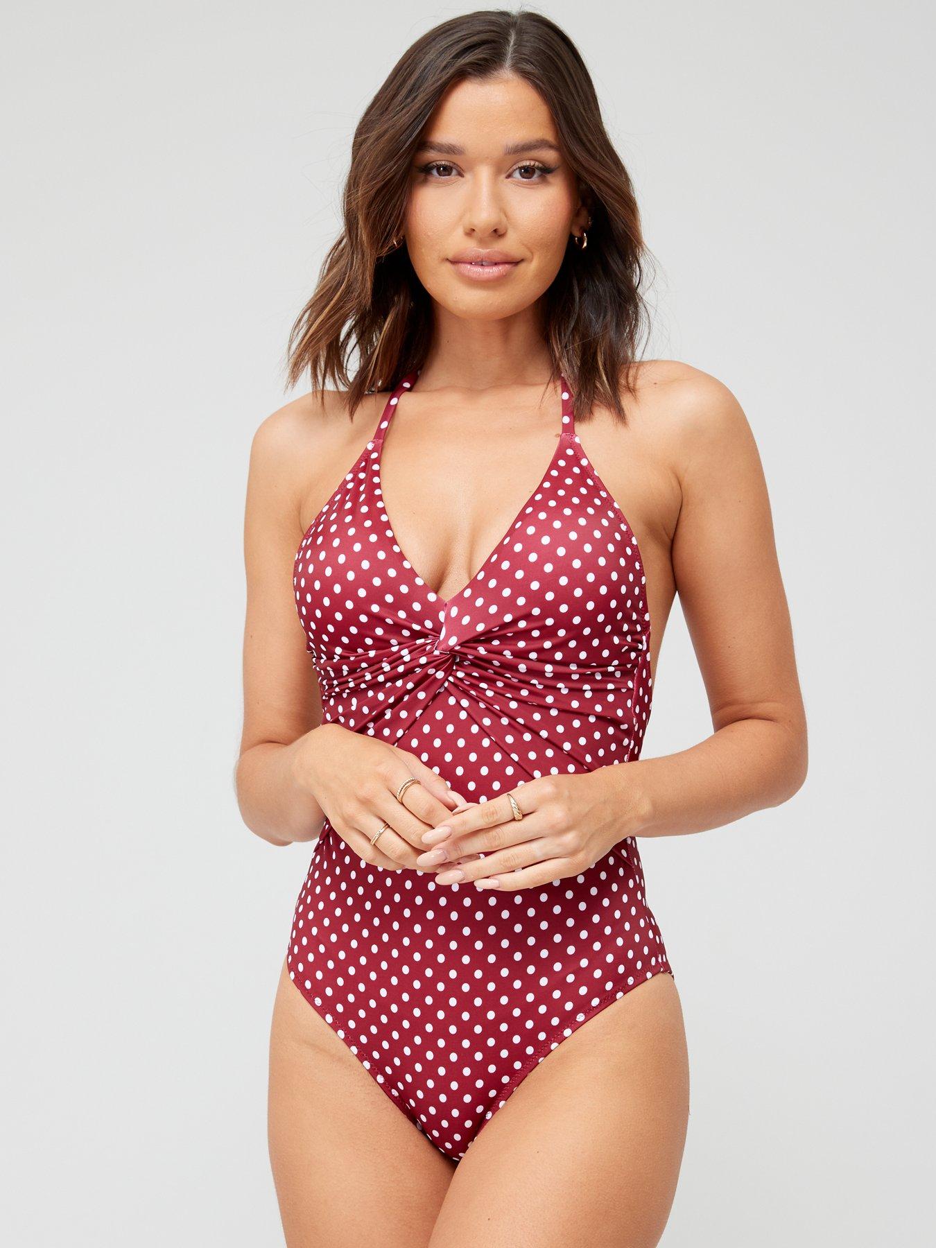 Plunge Halter Neck One Piece Swimsuit & Bodysuit in Red Crinkle